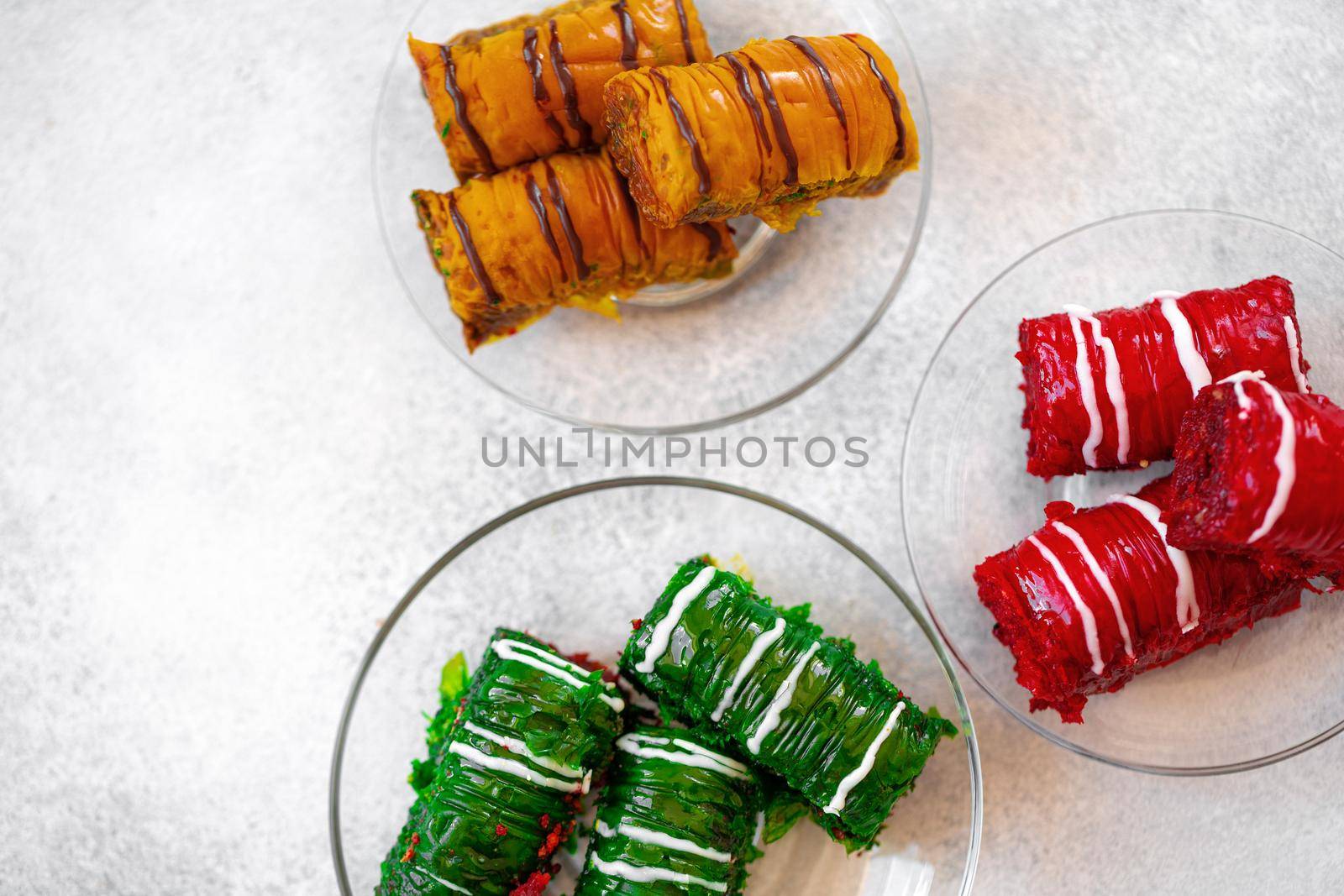 Turkish baklava dessert with honey, close up photo