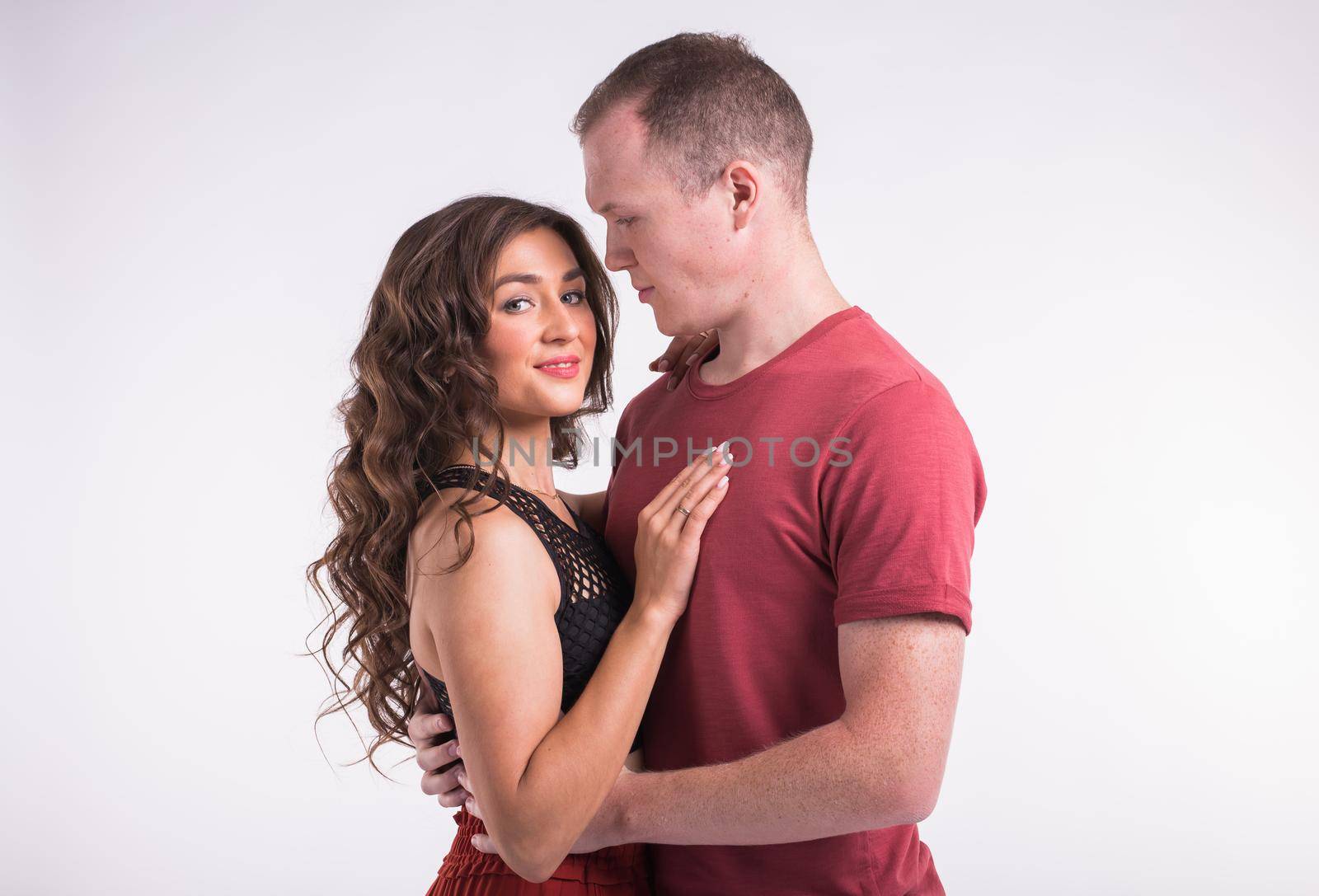 Salsa, kizomba and bachata dancers on white background. Social dance.