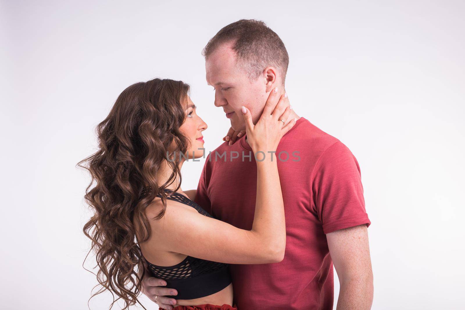 Salsa, kizomba and bachata dancers on white background. Social dance concept. by Satura86