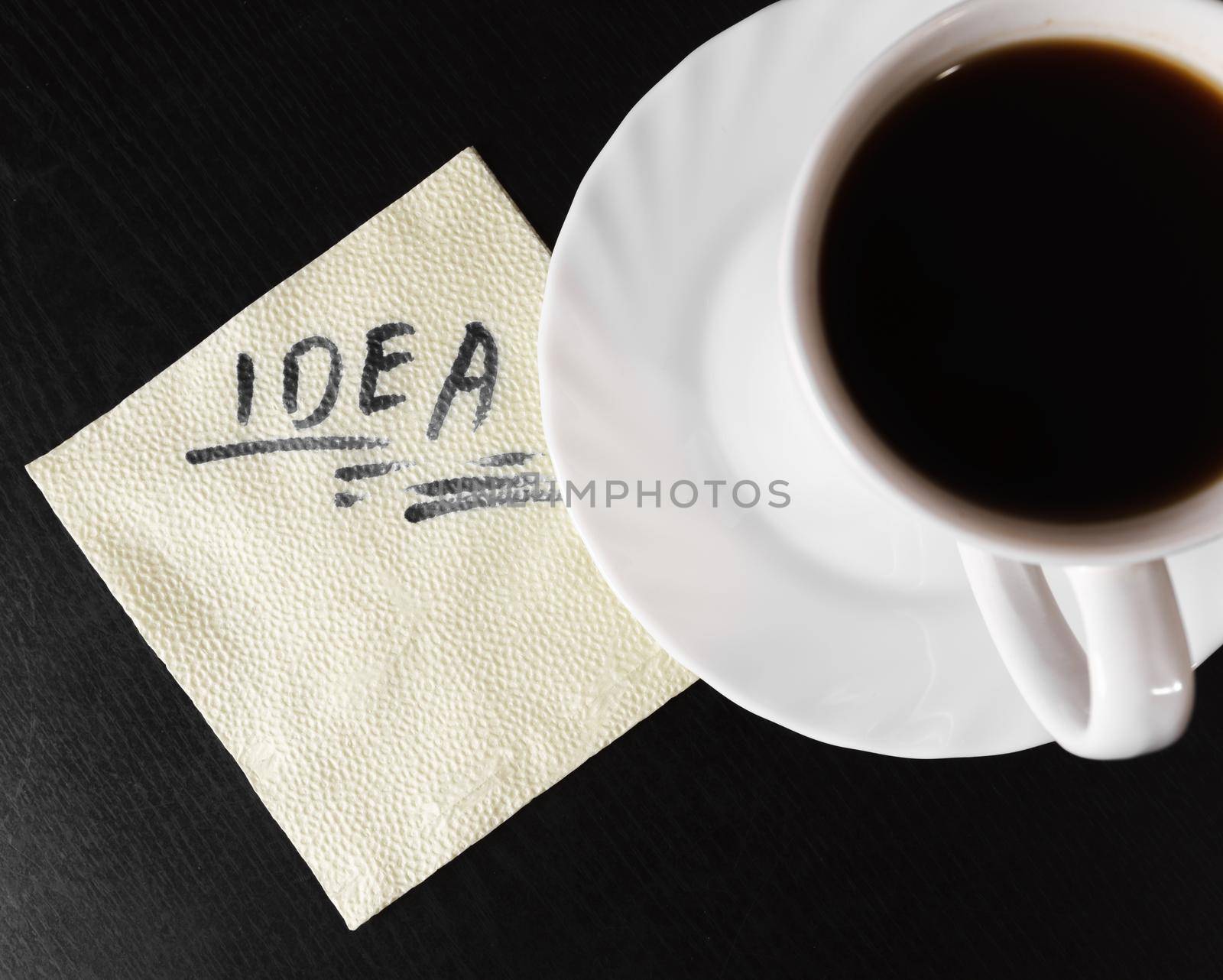 Word idea written on a napkin near a cup of coffee, top view