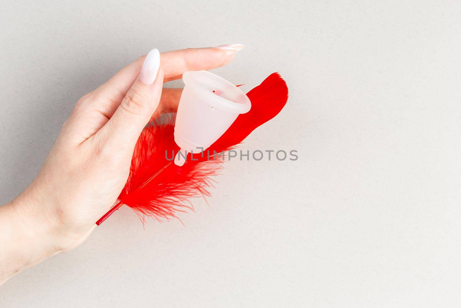 Close up of woman hand holding menstrual cup with red feather over grey background. Periods hygiene product, zero waste alternatives