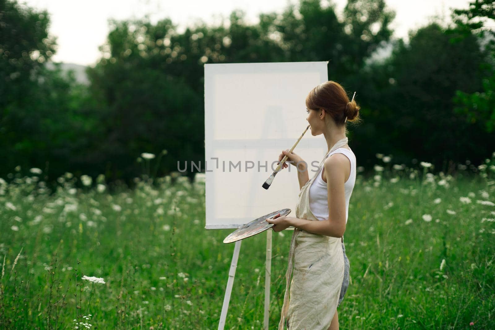 woman artist outdoors easel drawing creative landscape by Vichizh