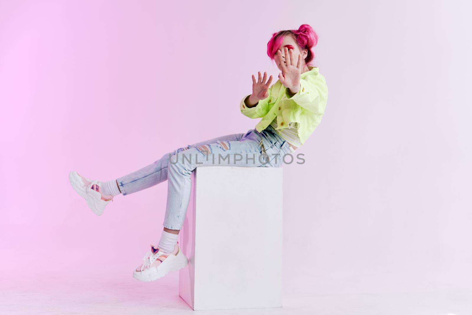 hipster woman green jacket fashionable clothes lifestyle fun design. High quality photo