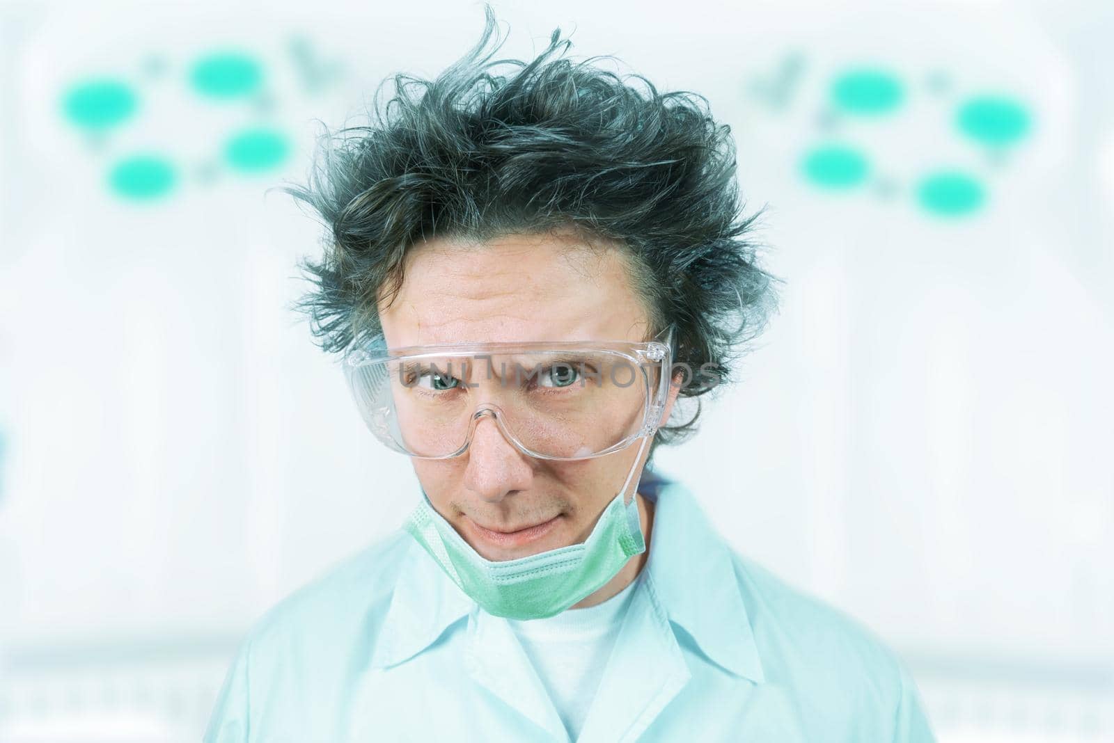 Portrait of a crazy man doctor in a hospital