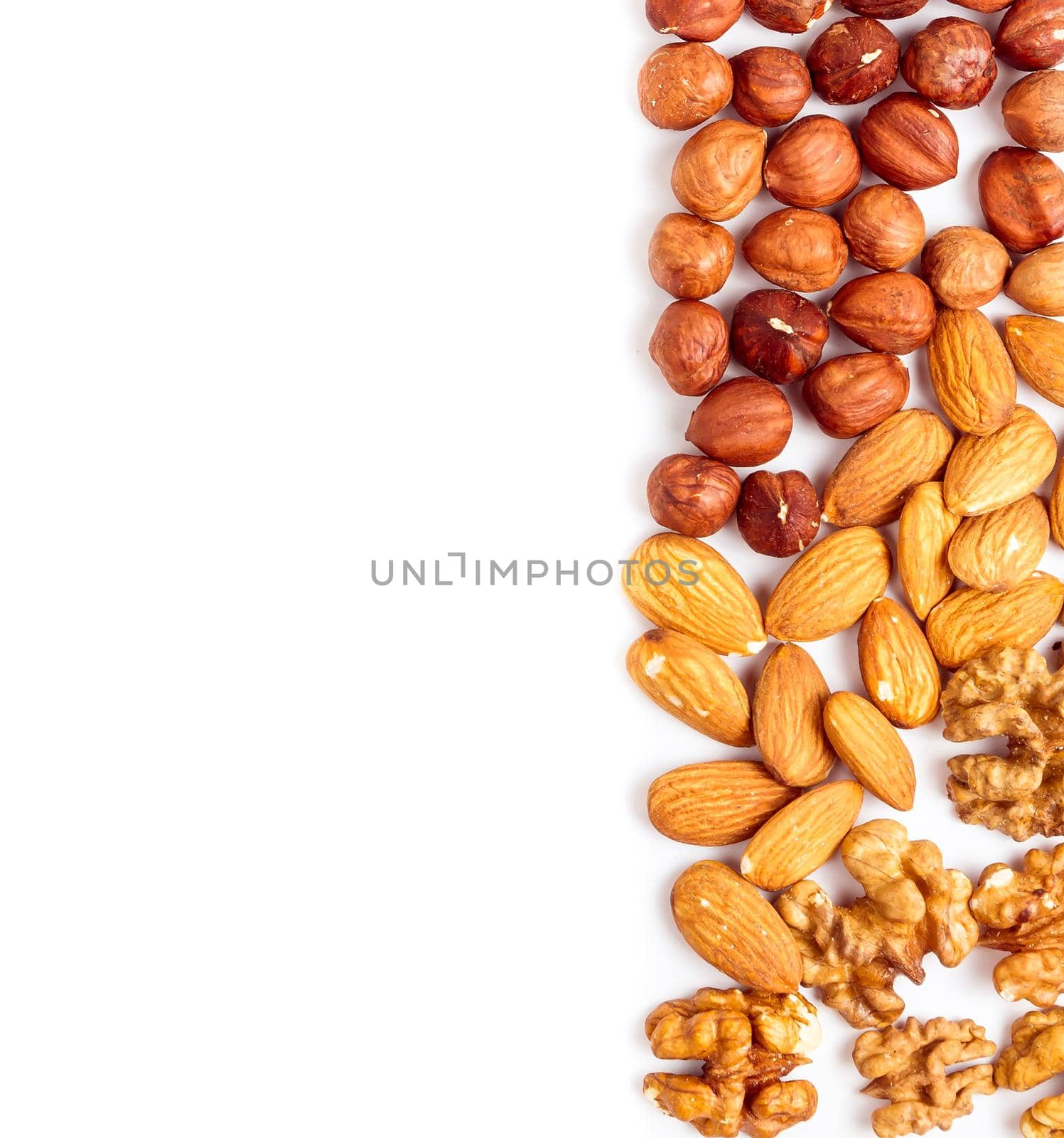 Nuts filberts isolated on white background. Space for text on the left side