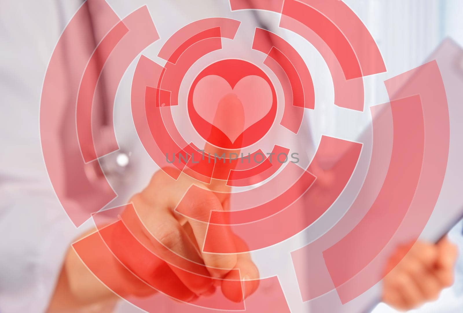 Unrecognizable woman doctor is touching shape of red heart, concept of healthcare