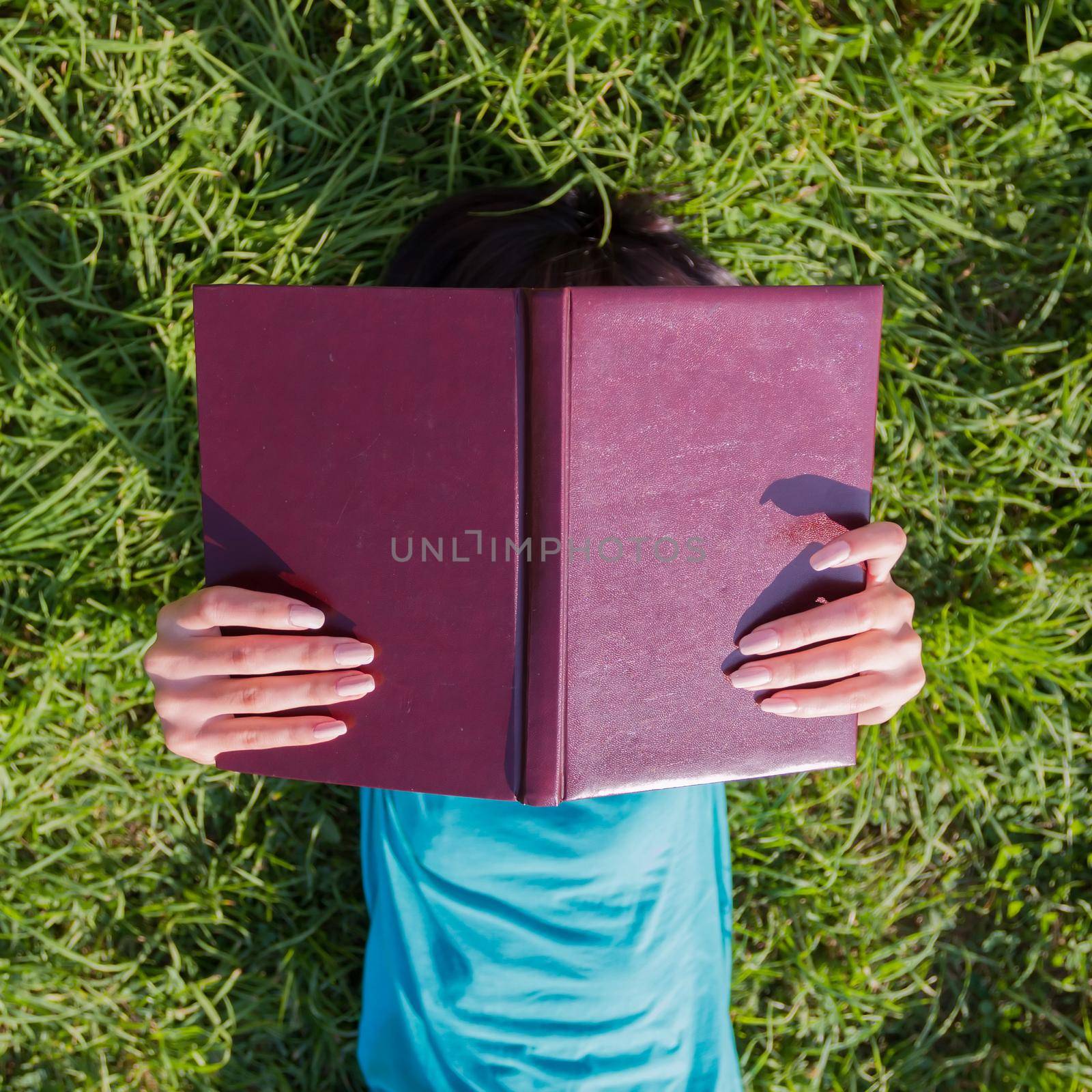 Girl lying in a meadow, holding aloft a book