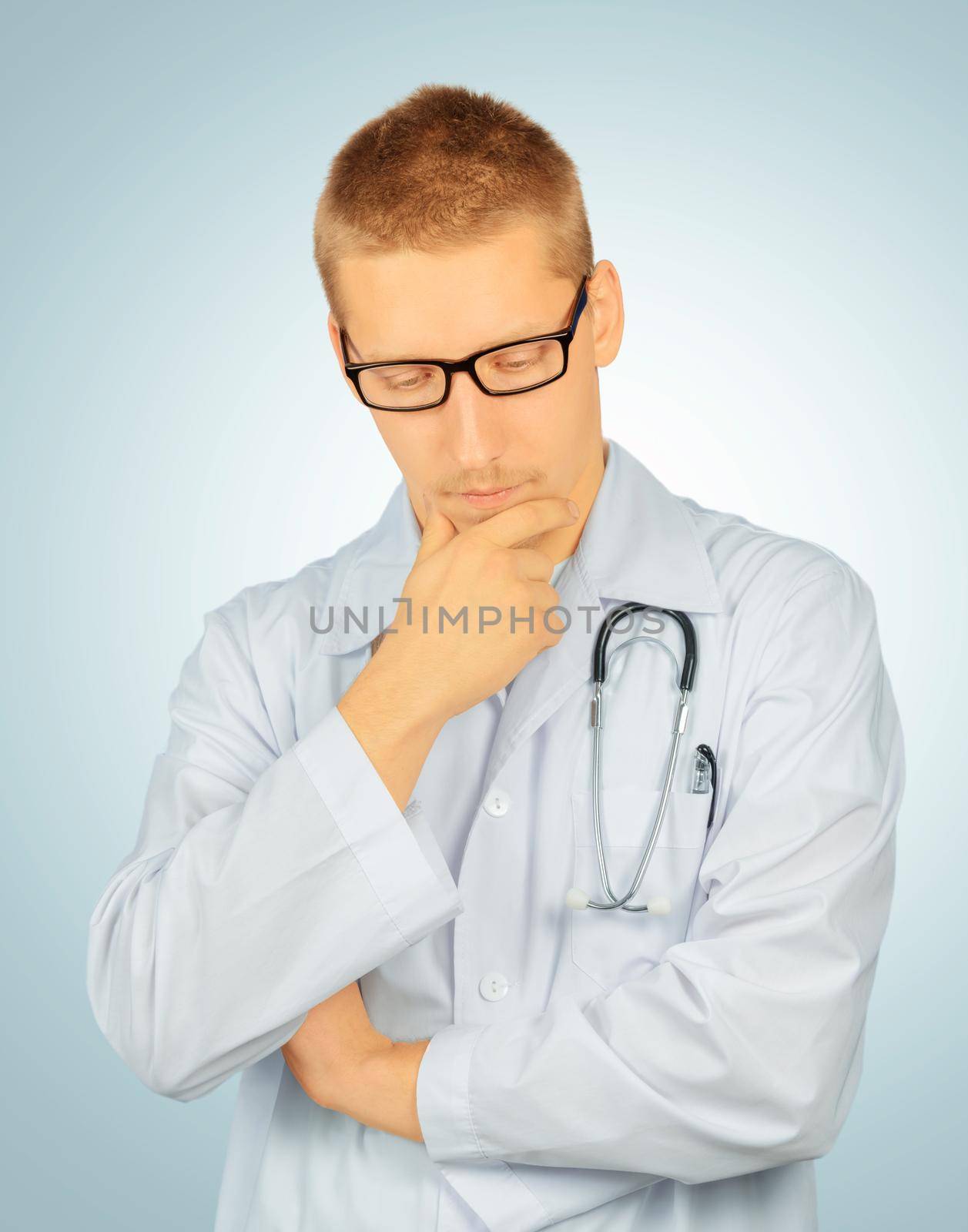 Serious man doctor is thinking on a blue background