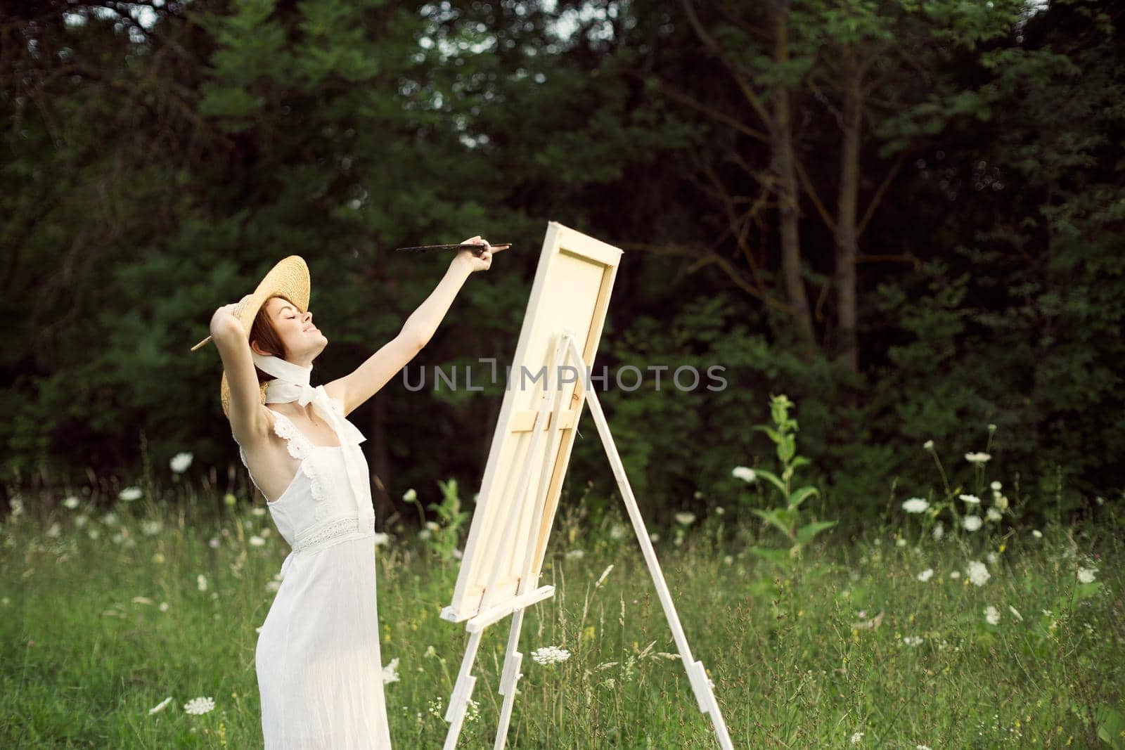 cheerful woman outdoors drawing art landscape hobby by Vichizh