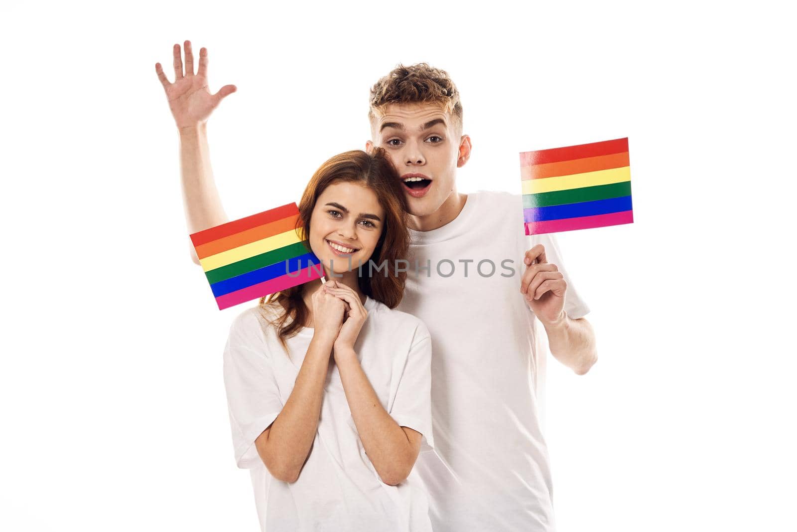 young couple lgbt Flag transgender lifestyle light background by Vichizh