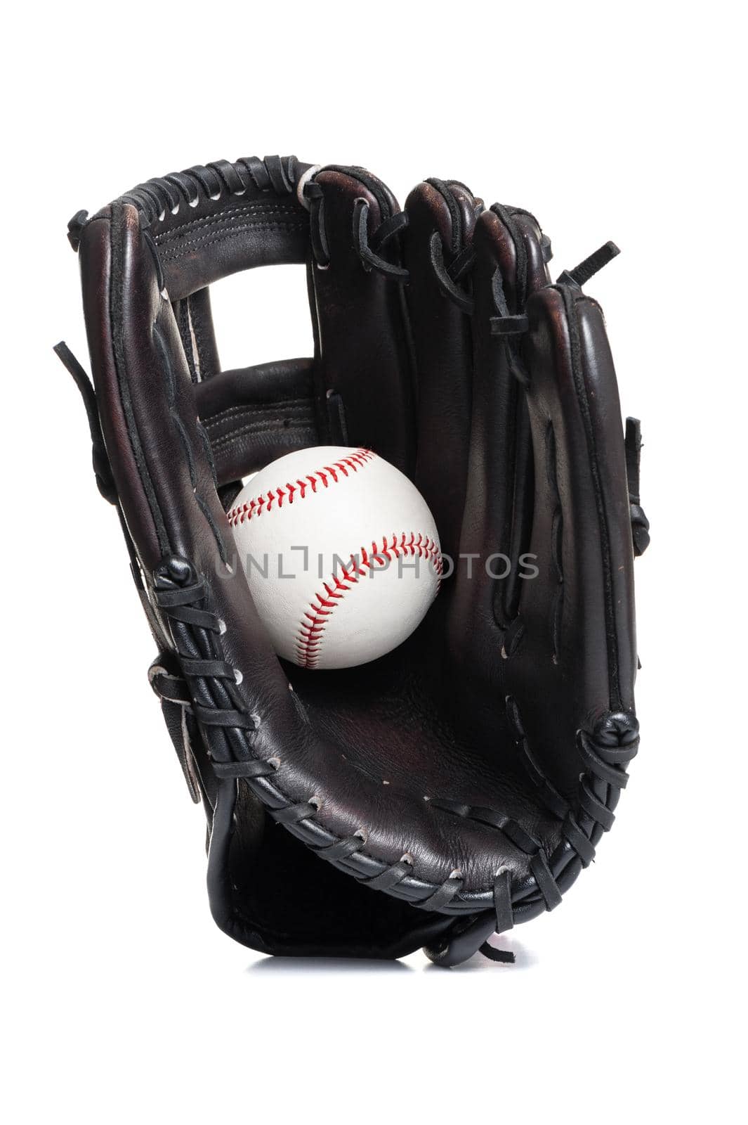 chocolate brown baseball glove with the ball isolated over white background