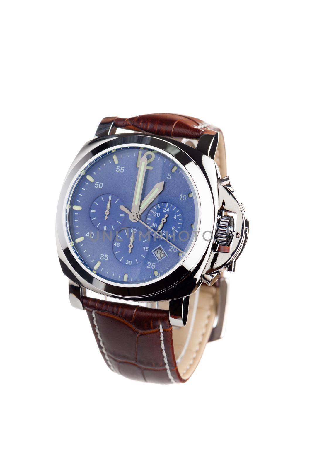 luxury fashion watch with blue dial and brown crocodile grain leather watch band on white background