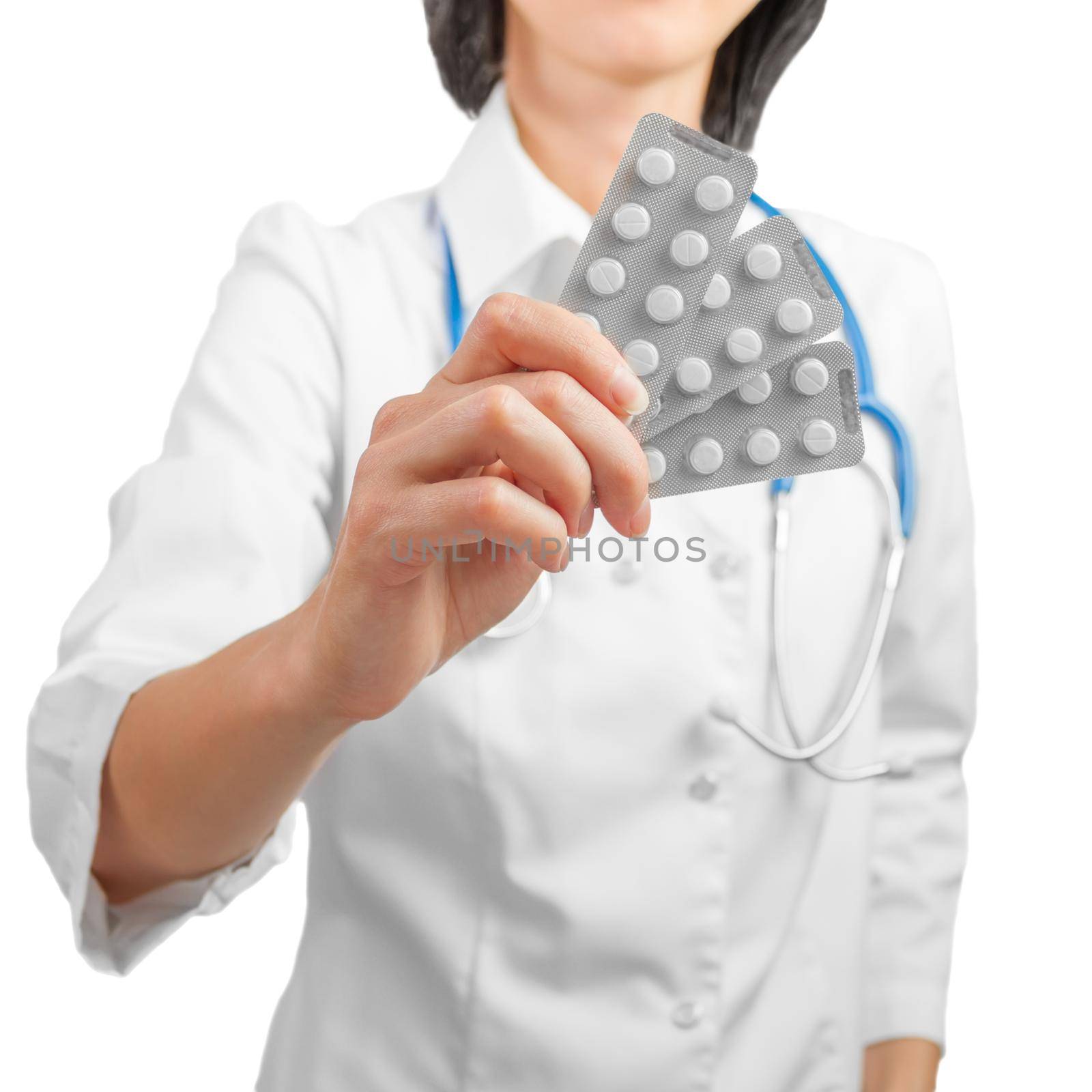 Young woman doctor gives medication