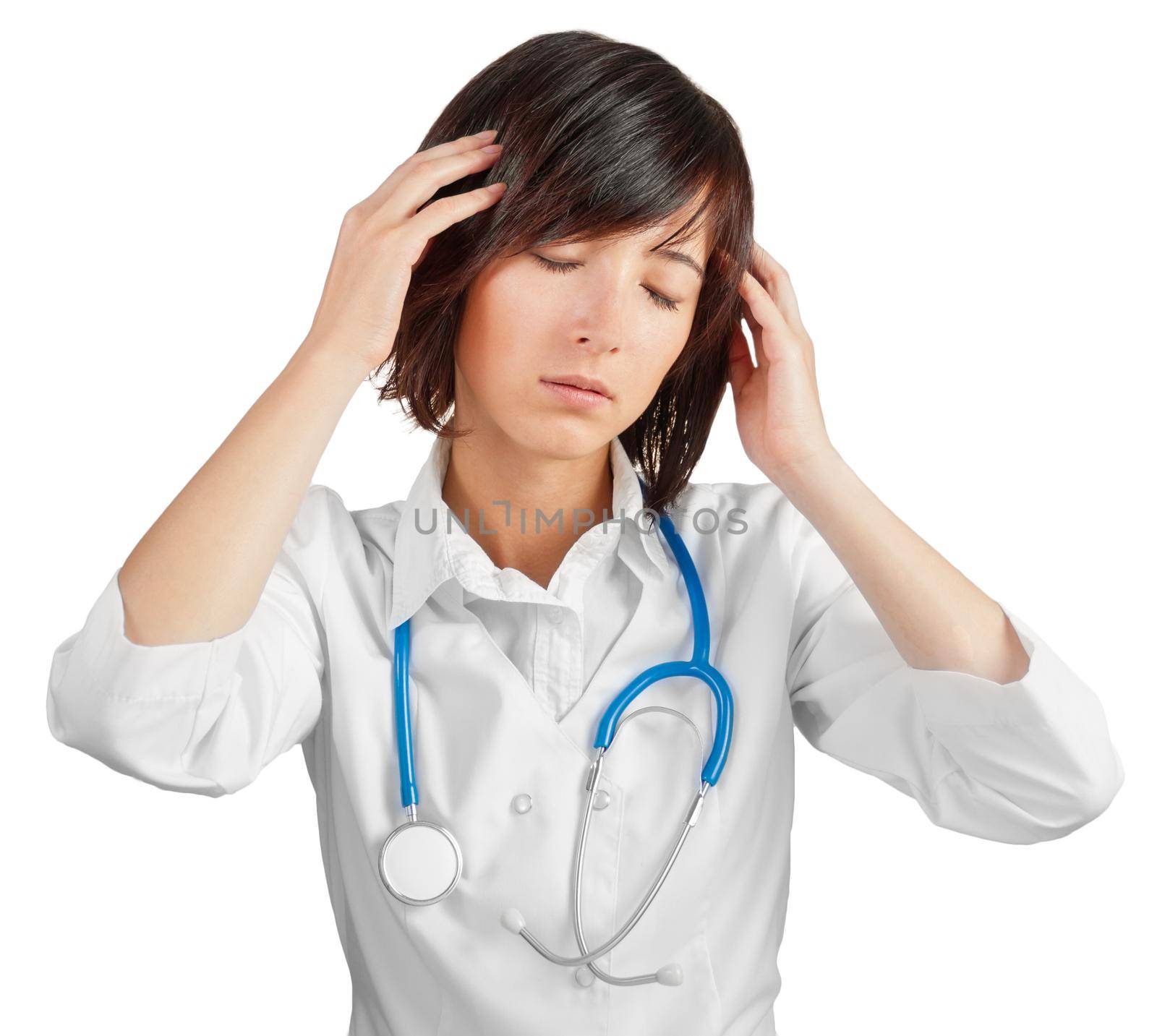 Woman doctor with migraine headache overworked and stressed
