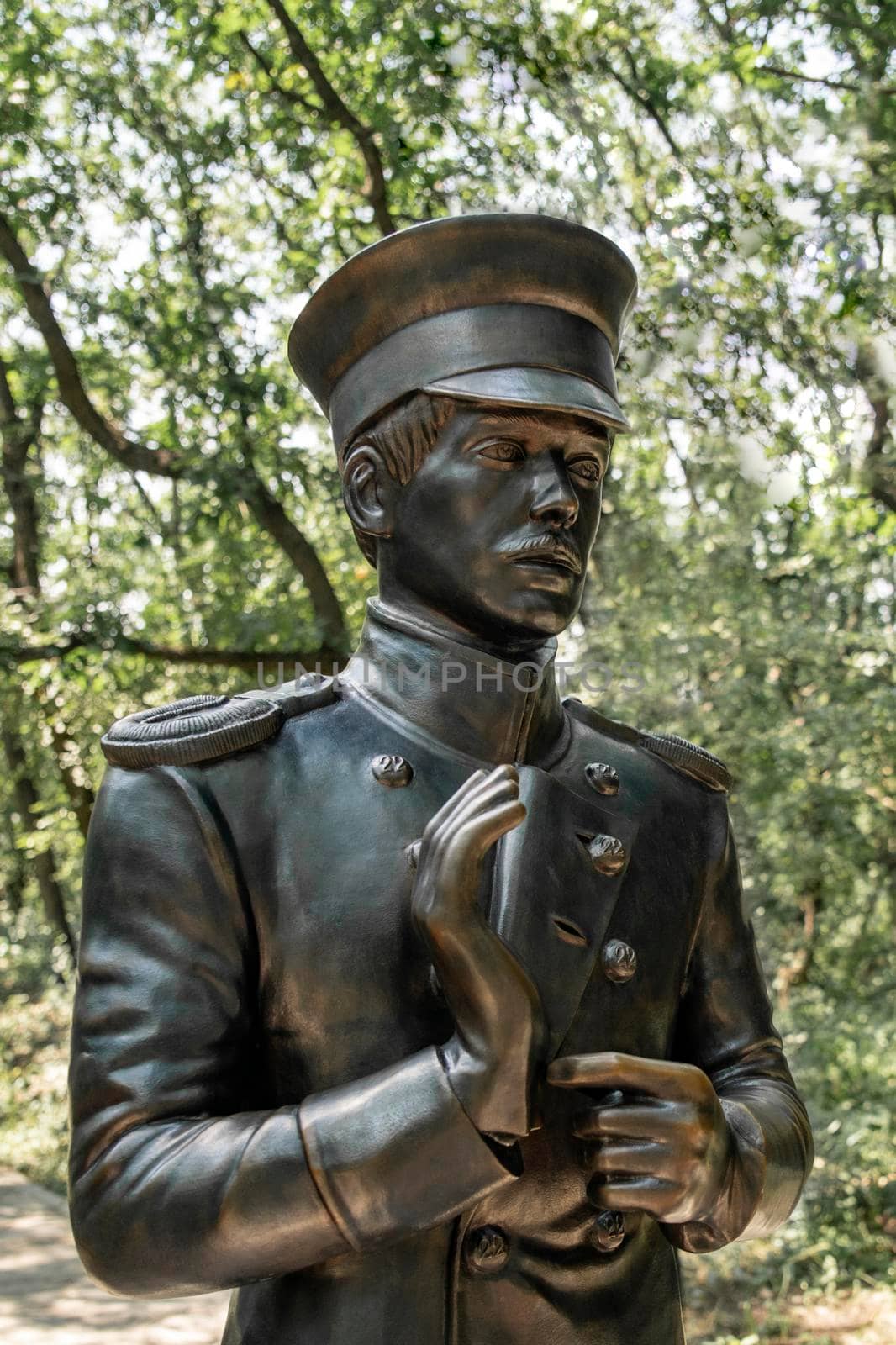 PYATIGORSK, RUSSIA - JULY 04, 2021: Pechorin character of the poem Hero of our time by Lermontov Bronze monument