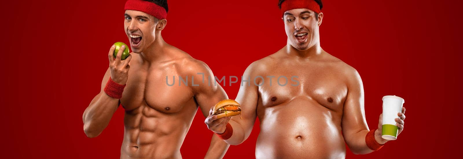 You are what you eat. Fit man with apple and fat man with burger and soda. Awesome Before and After Weight Loss fitness Transformation. The man was fat but became athlet. Fat to fit concept