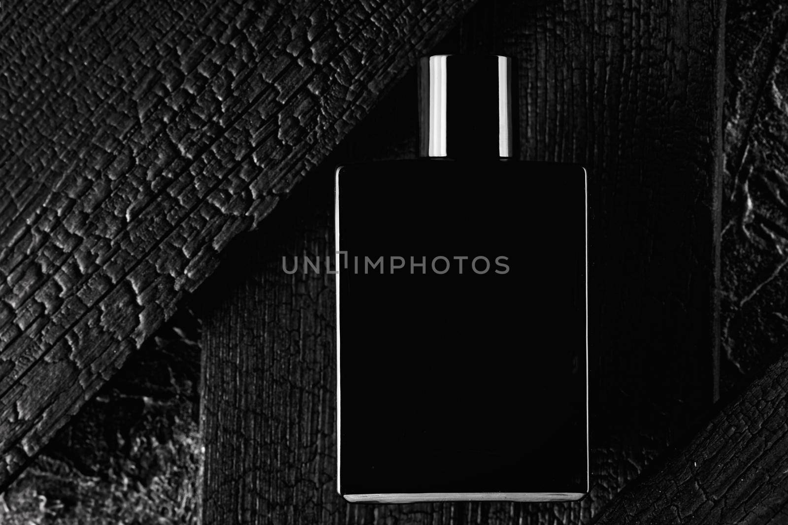 This is a promotional photo of eau de toilette or perfume in a dark style. Black bottle on the background of a burnt tree. Layout for logo or sale information or Black Friday.