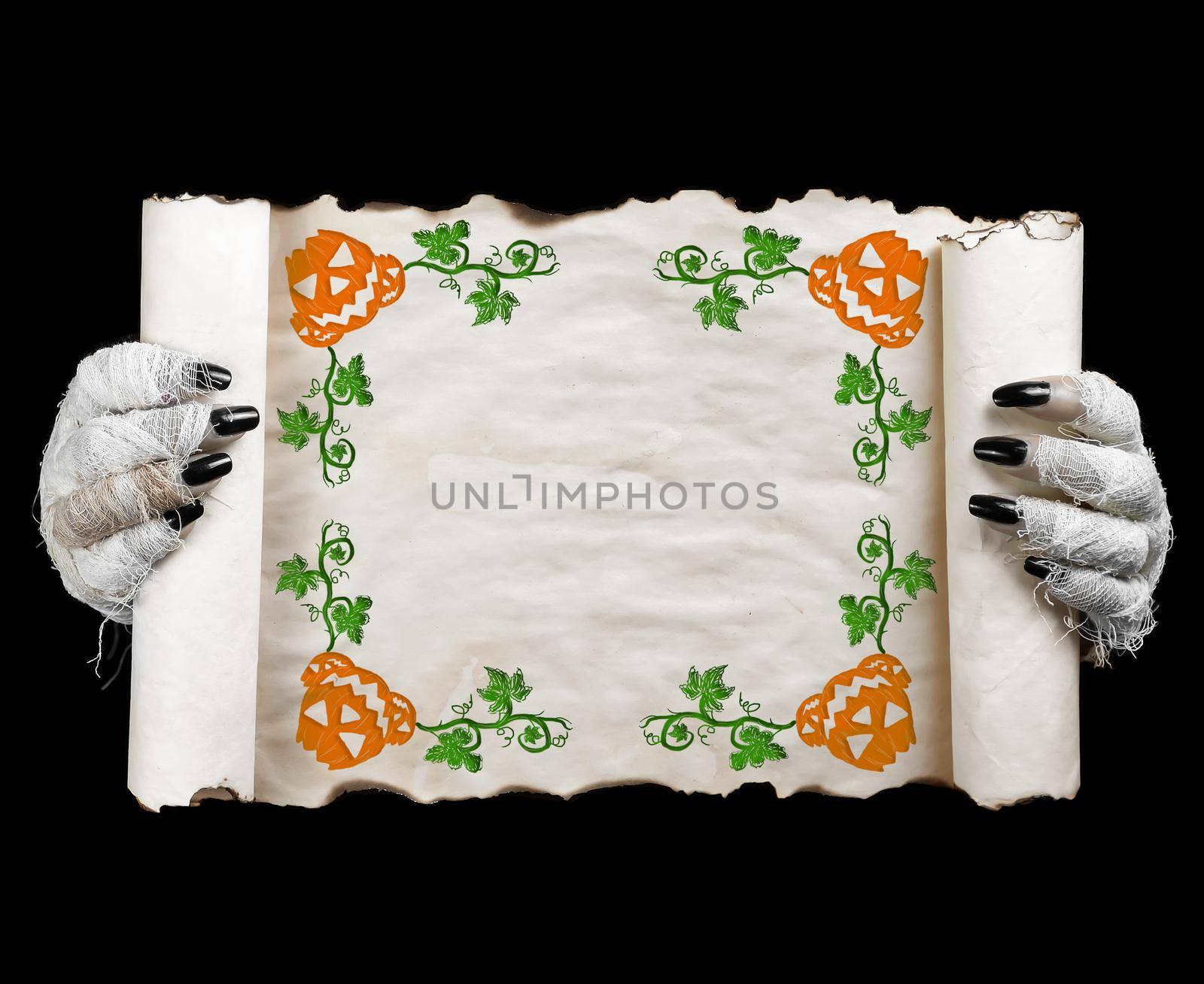 Halloween mummy holding scroll. Concept mummy halloween.