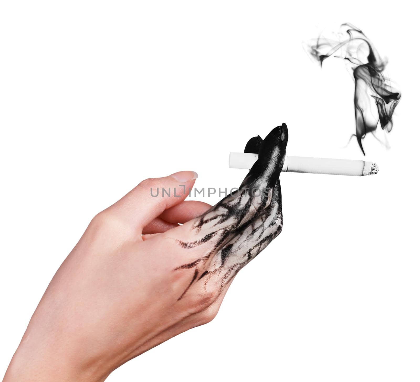 Woman's hand holding a cigarette. Blackened fingers: the concept of human combustion in the process of smoking
