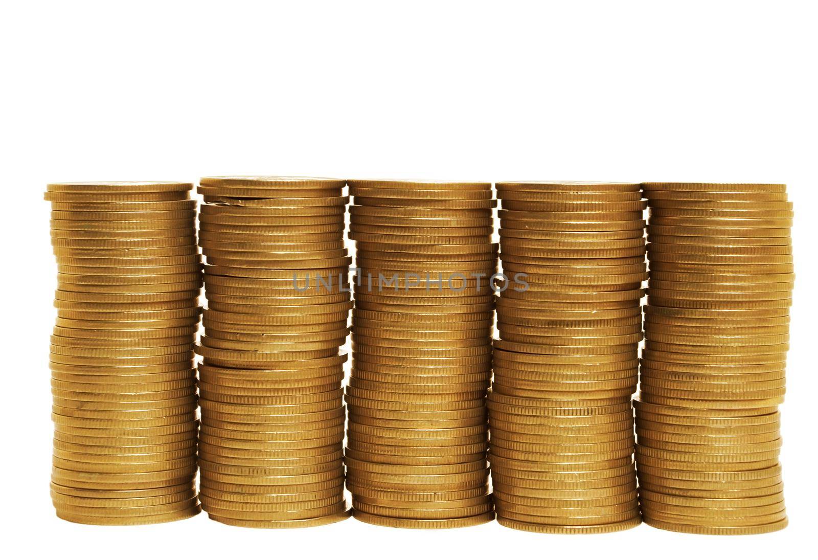 Stacks of coins standing in one row on white background