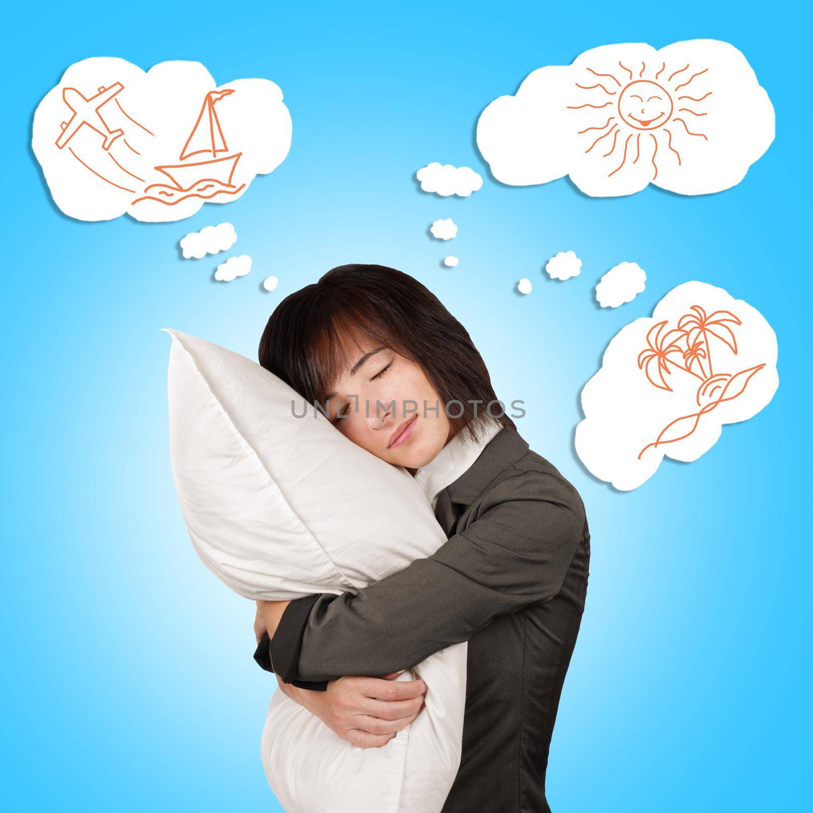 Businesswoman dreams about vacation and hugging a pillow