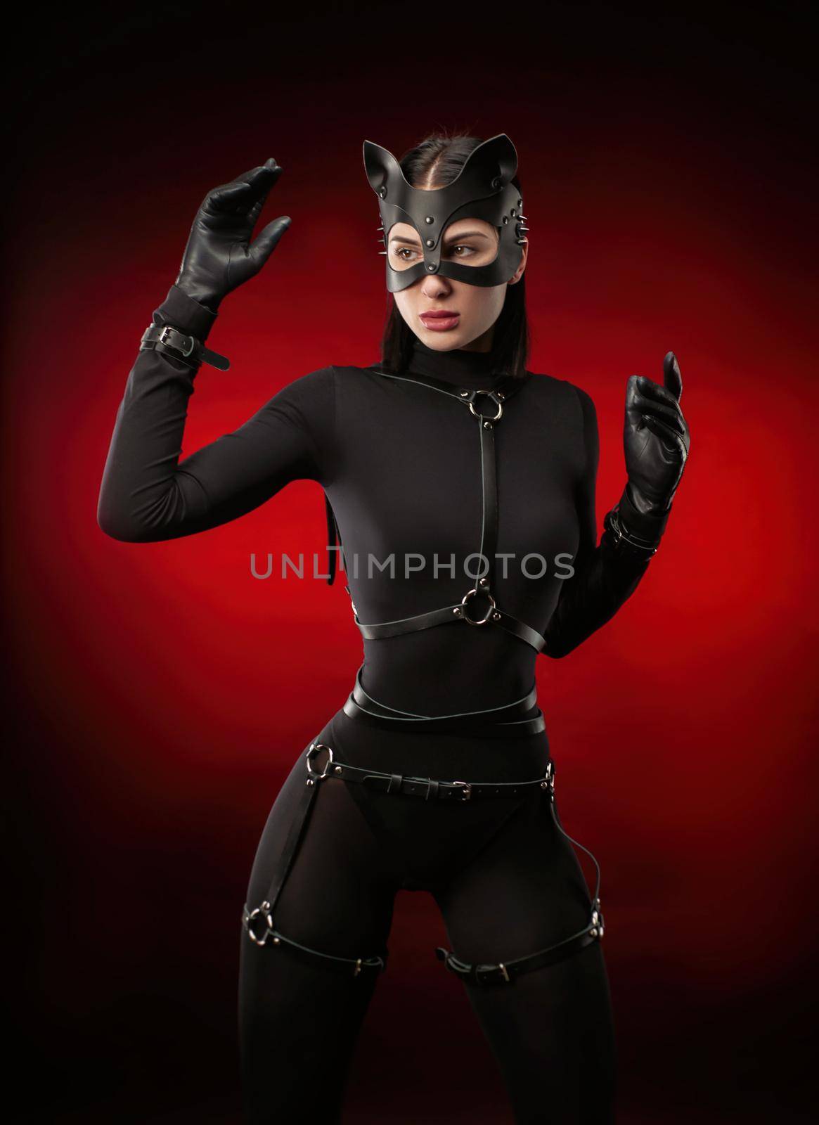 the woman in a black body belt and cat mask