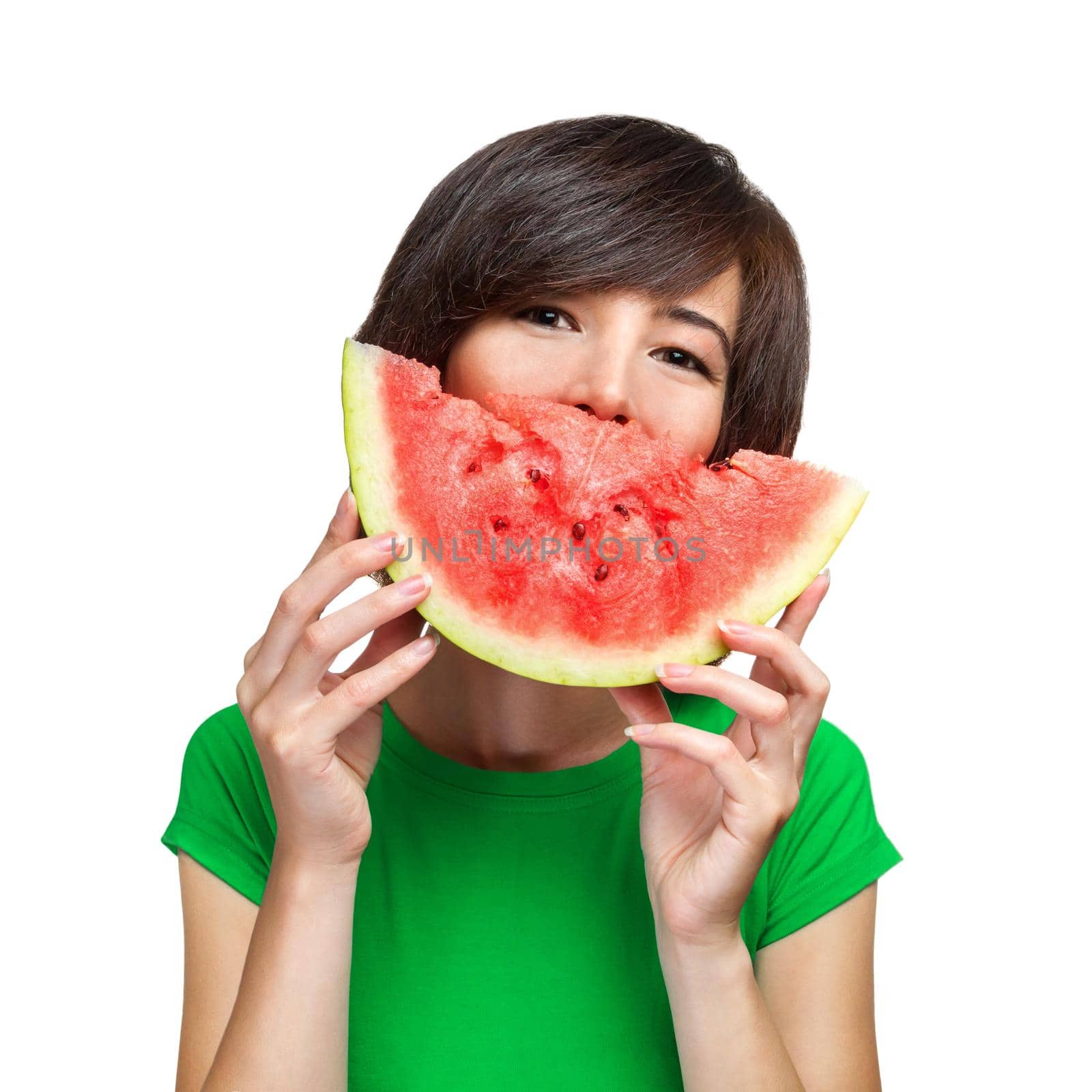 Smiling young woman holding watermelon on a white background