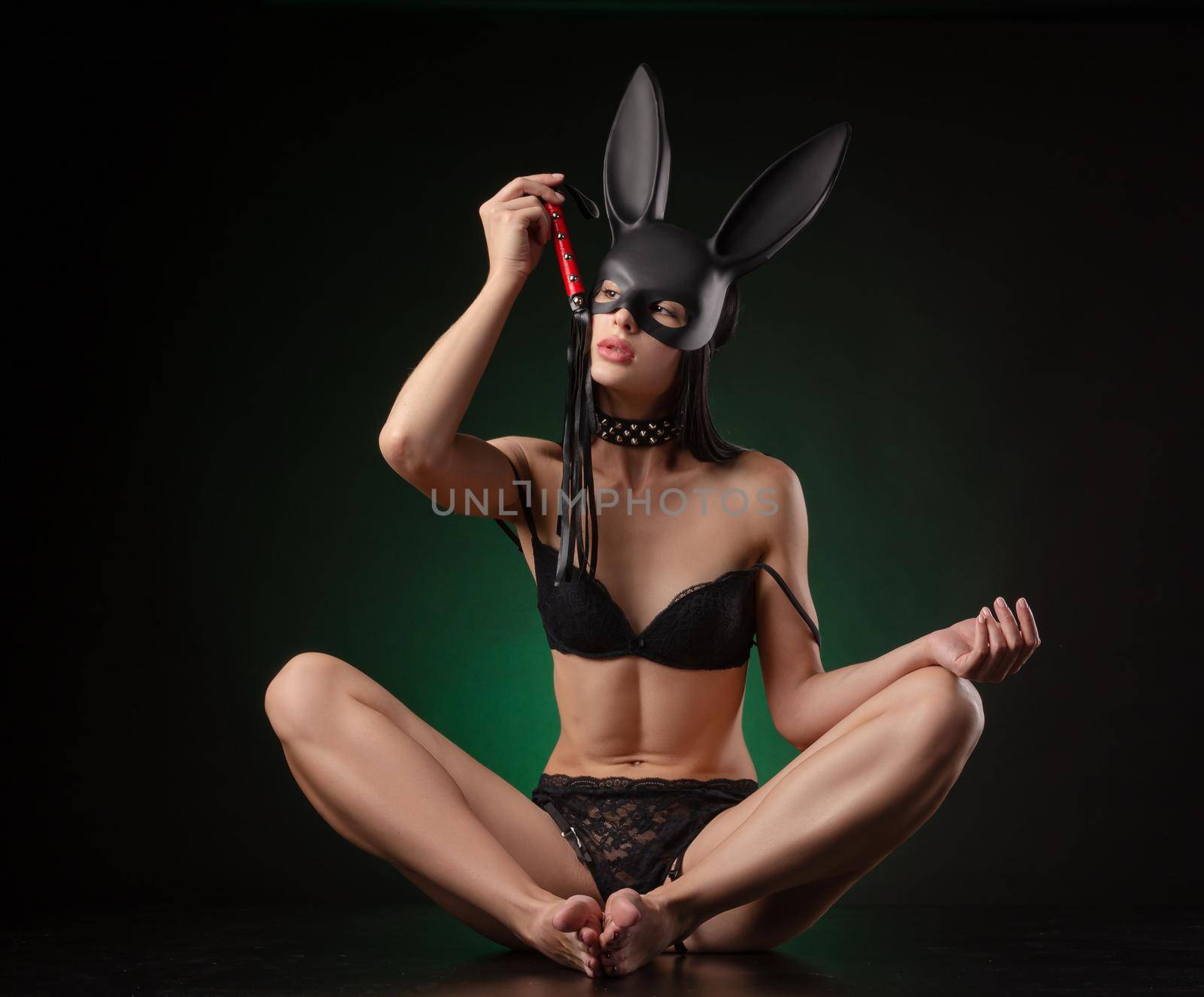 the sexy girl in underwear and rabbit mask with whip
