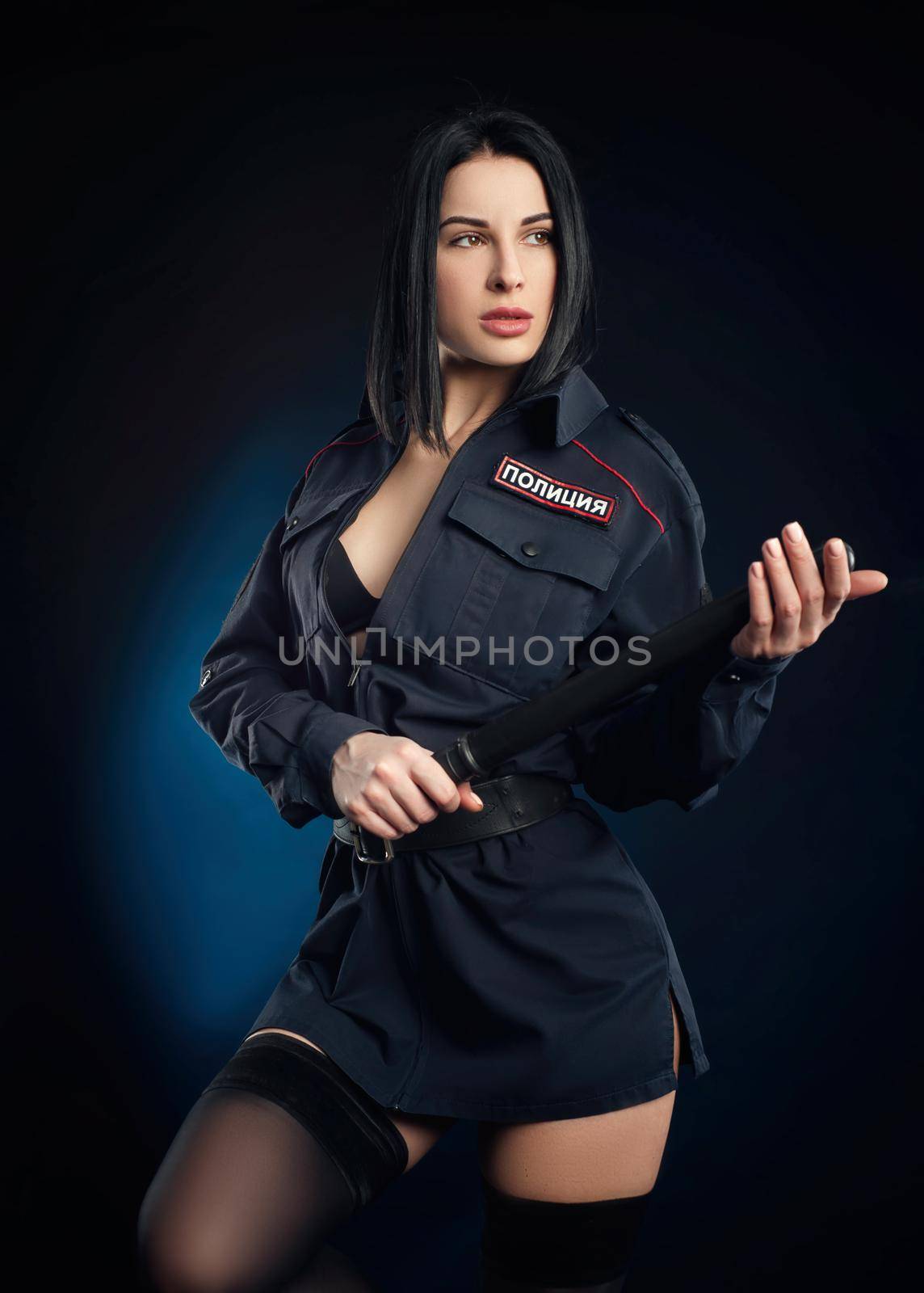 Portrait of a woman in a Russian police uniform with a baton English translation police by Rotozey