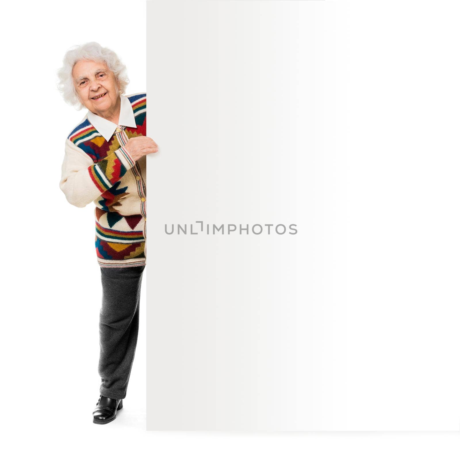 elderly woman alongside of ad board over white background