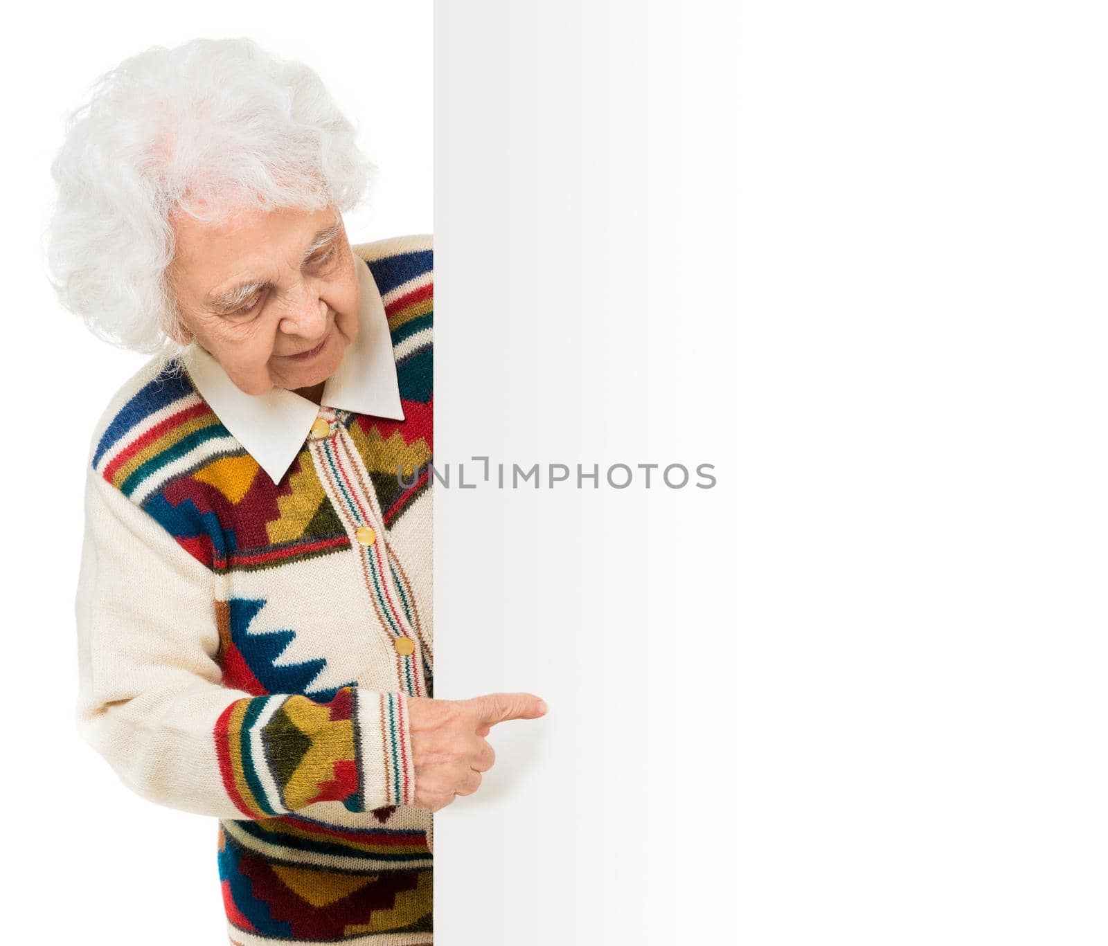 elderly woman alongside of ad board over white background