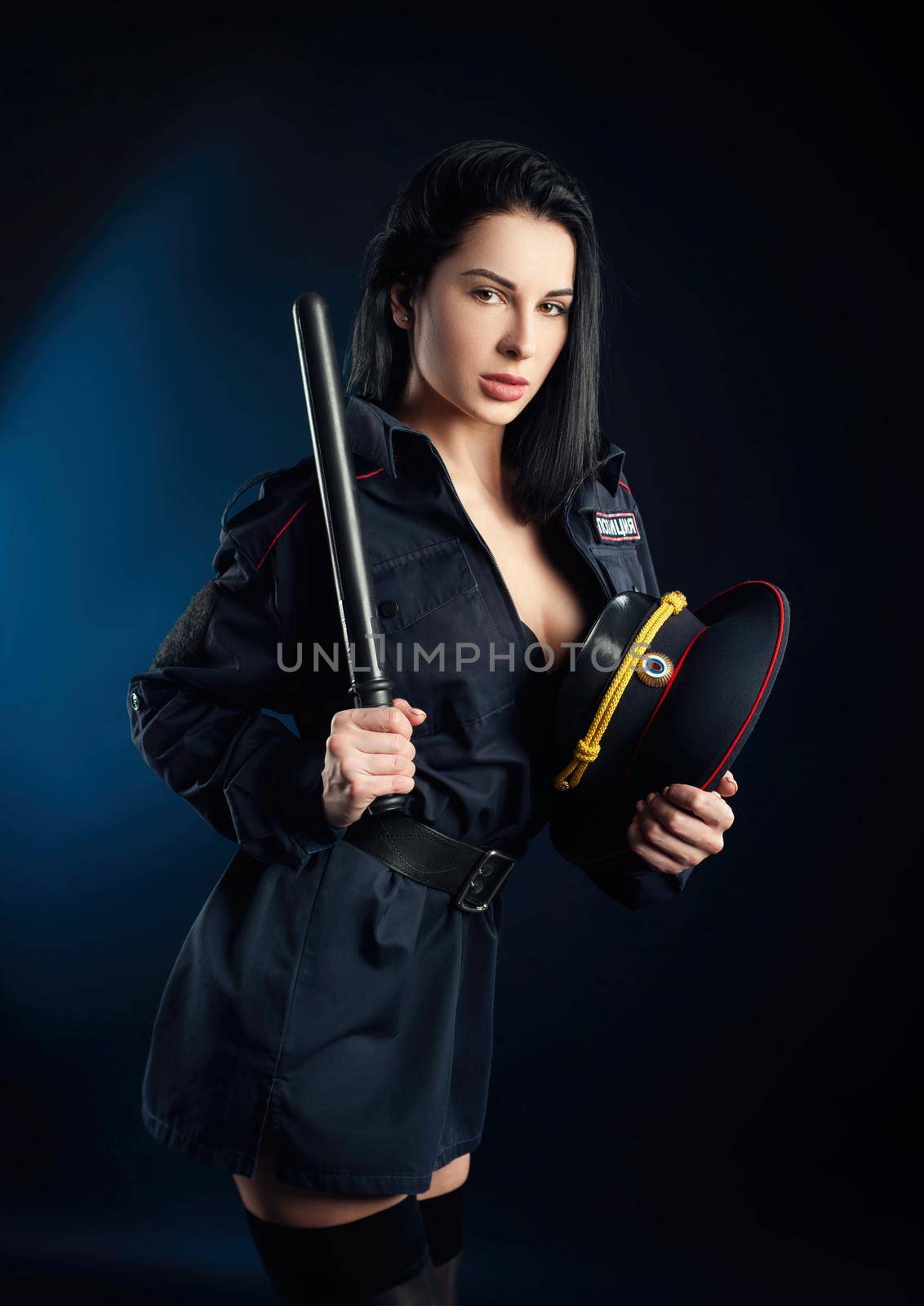 Portrait of a woman in a Russian police uniform with a baton English translation police by Rotozey