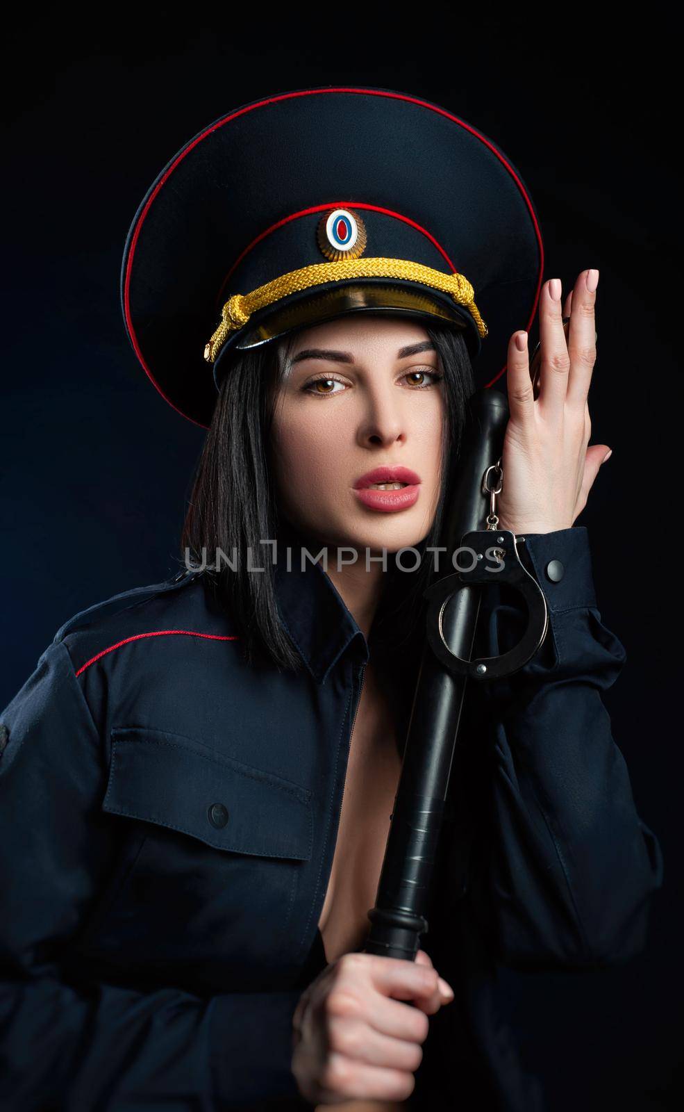 Portrait of a woman in a Russian police uniform English translation police by Rotozey