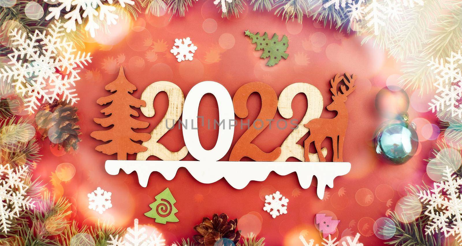 Christmas holidays composition on red background with copy space for your text 2022 by Maximusnd