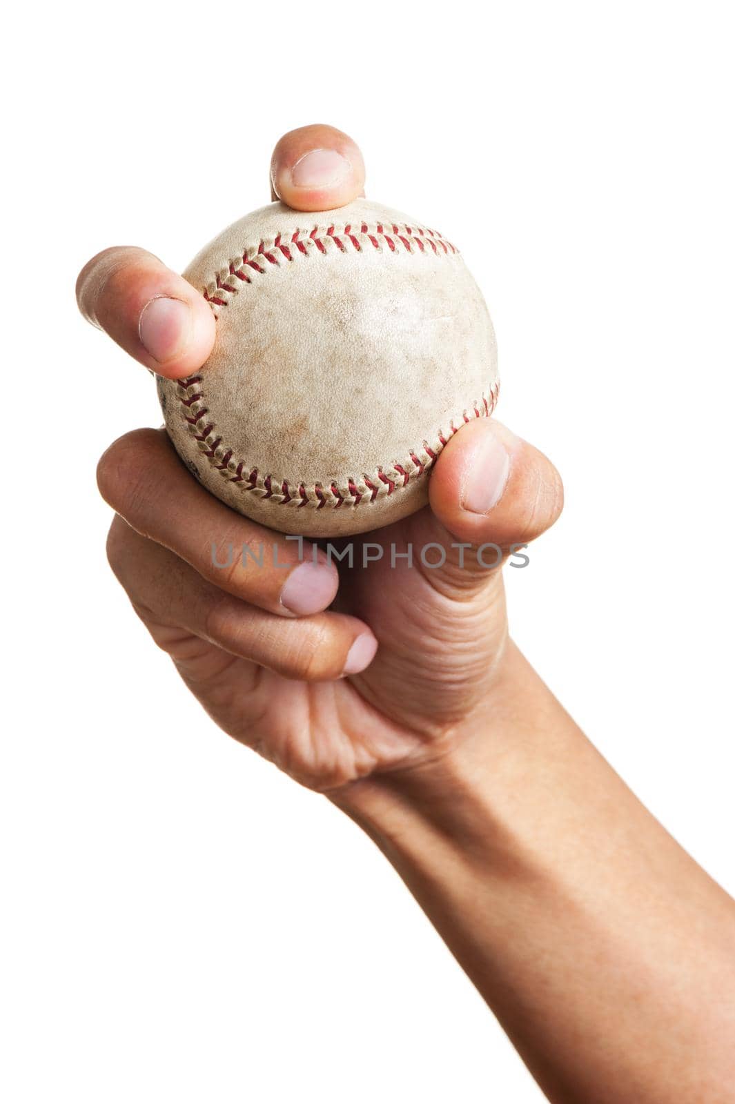 closeup baseball in man's hand, isolated over white background