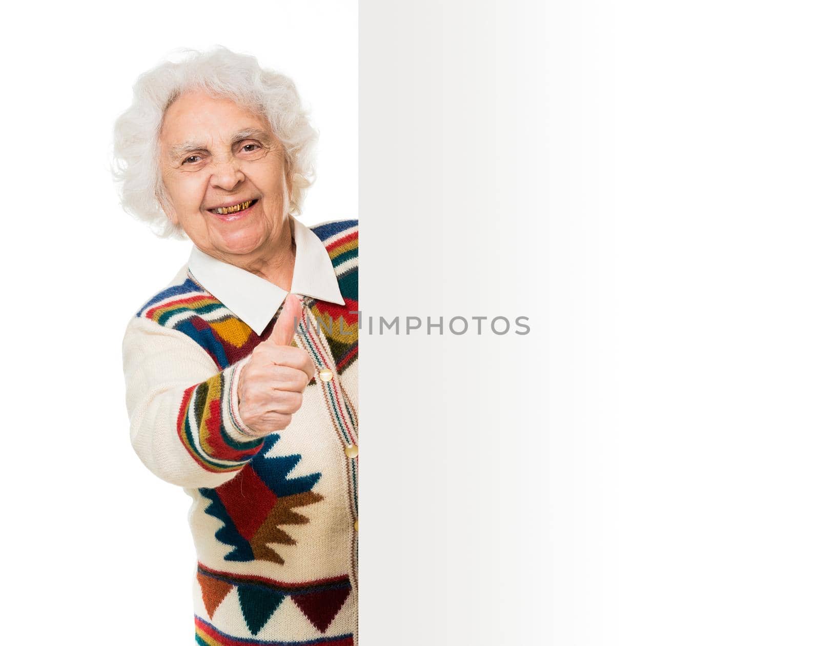 elderly woman alongside of ad board over white background