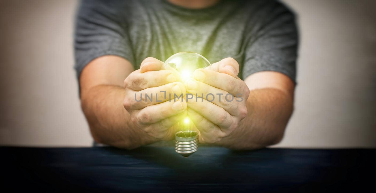 Creative new idea. Innovation, brainstorming, inspiration and solution concepts. Man holding light bulb, by Maximusnd