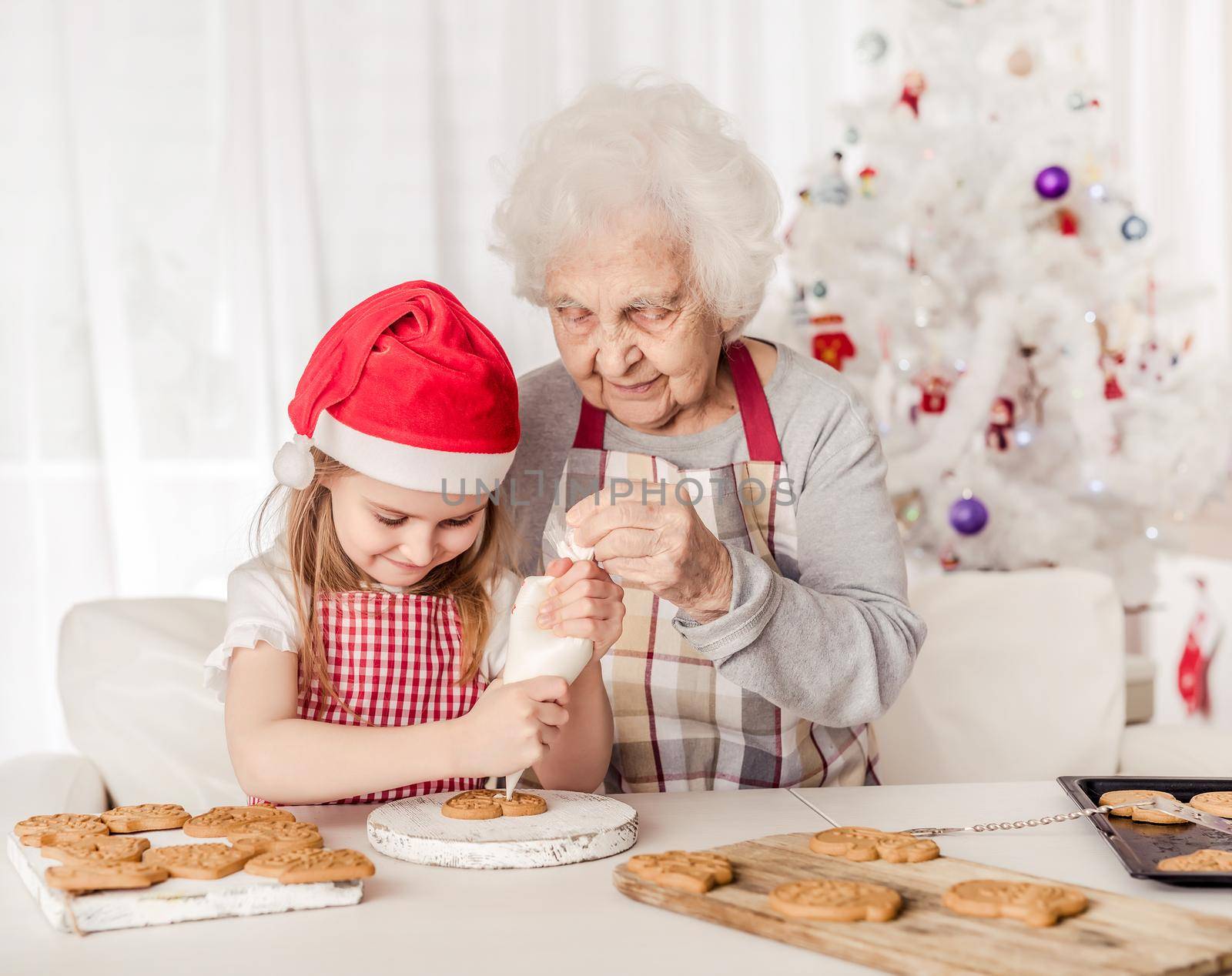 Grandmother teach granddaughter in santa hat decorate cookies with cream