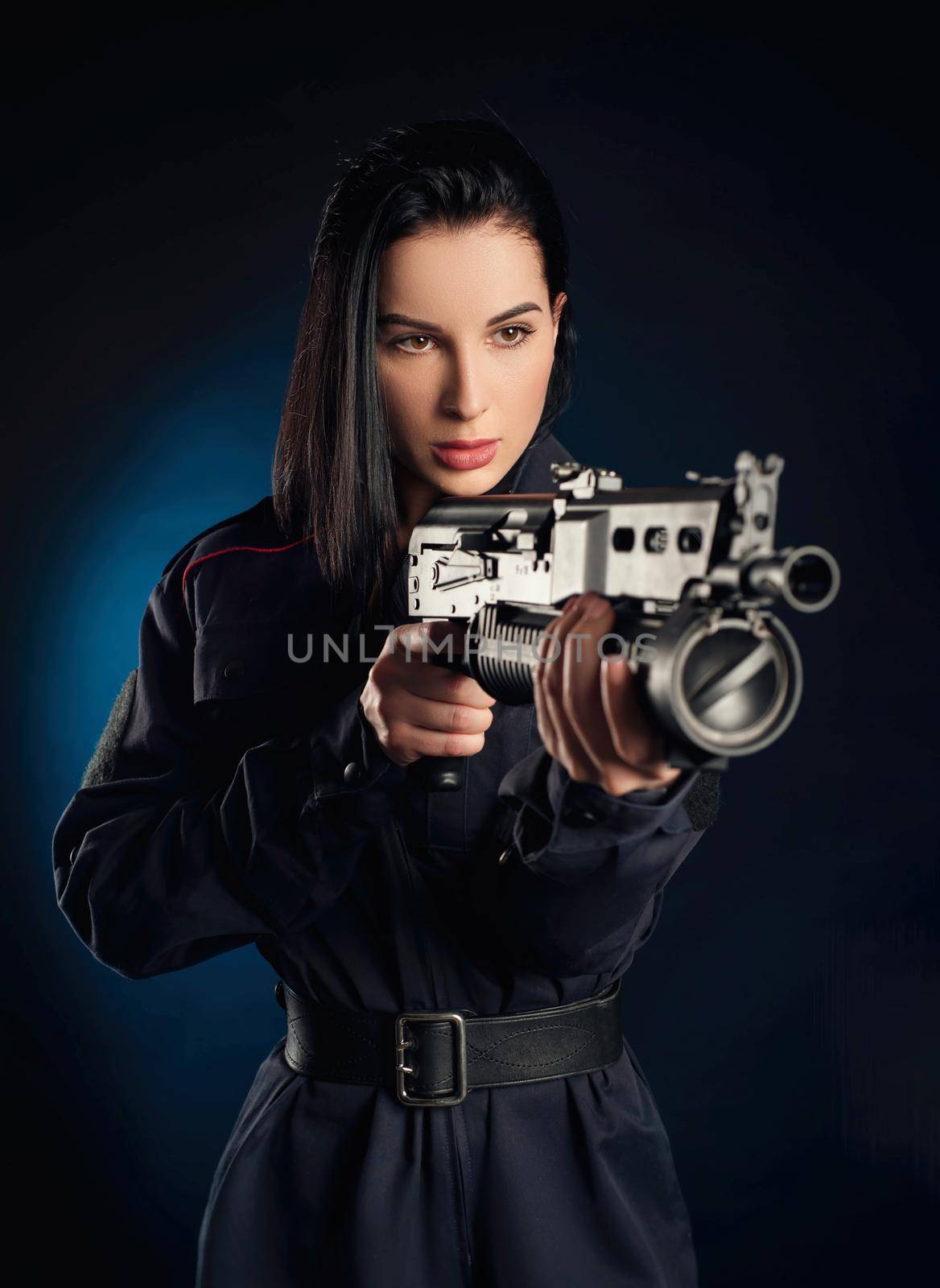 Portrait of a woman in a Russian police uniform with a rifle English translation police by Rotozey