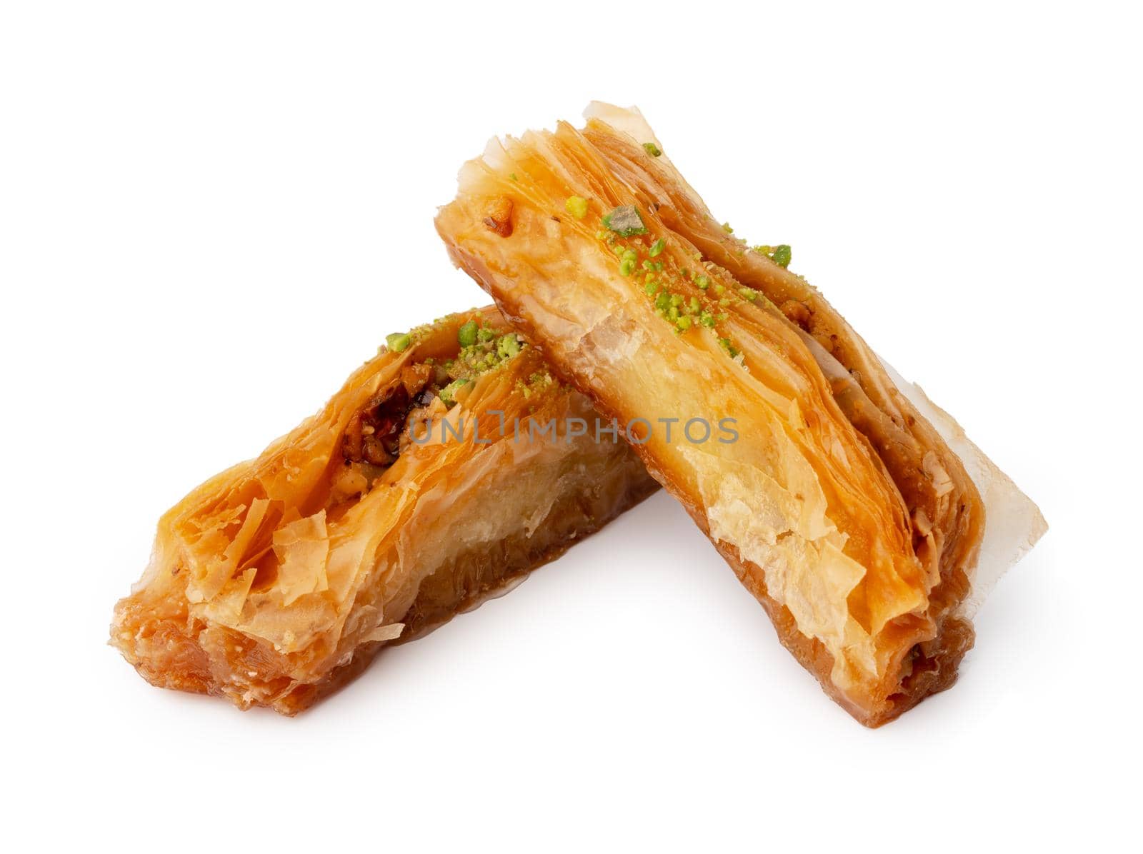 Close up photo of Turkish dessert baklava isolated on white