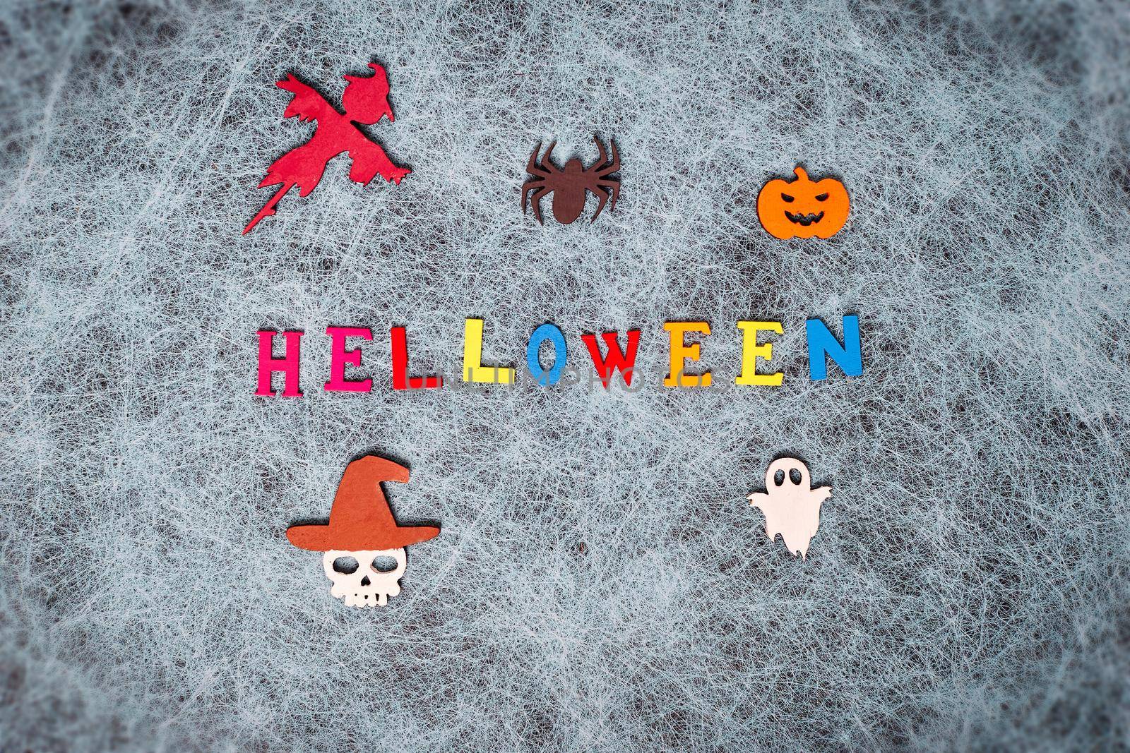 Holiday helloween on a spider web background with a white leaf, pumpkin, ghost, scarecrow, skull, witch by Maximusnd