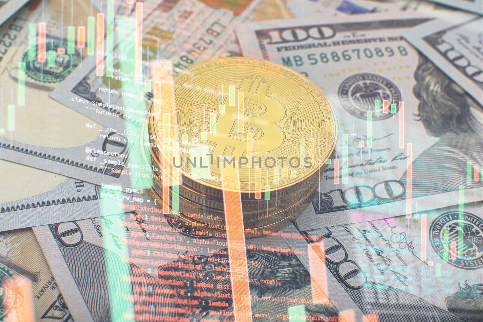 Bitcoin gold coin and defocused chart background. Gold bitcoins with Candle stick graph chart and digital background.Golden coin with icon letter B.Mining or blockchain technology