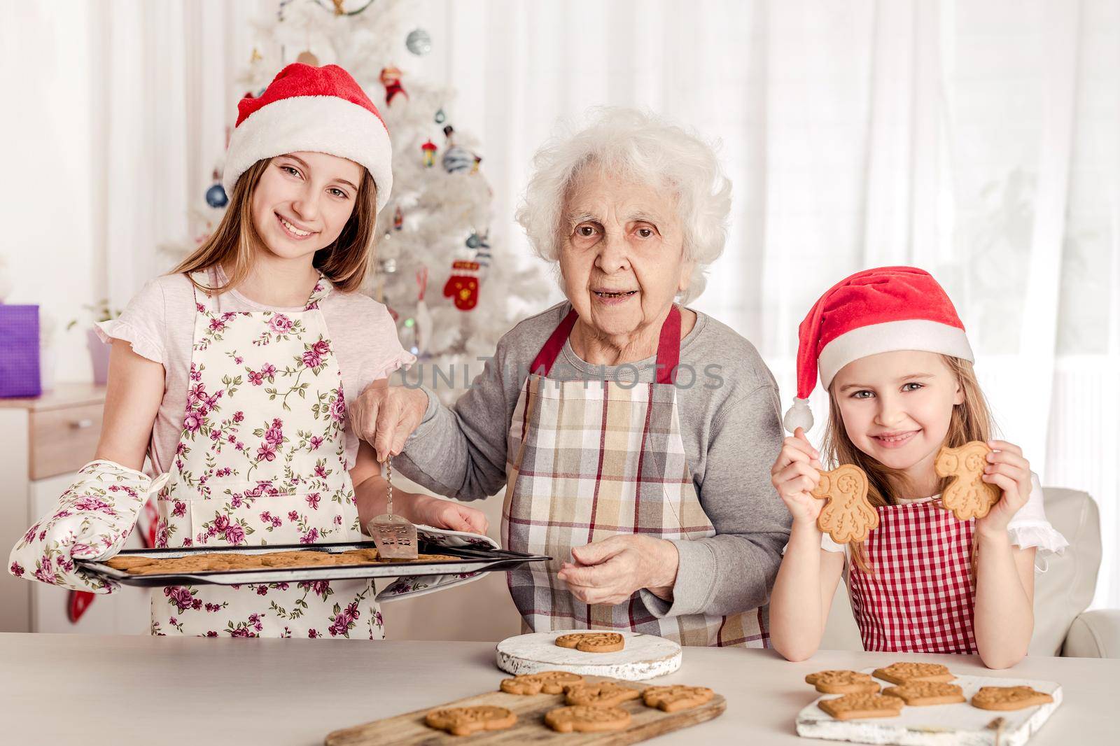 Grandmother with granddaughters in santa hats baking cookies