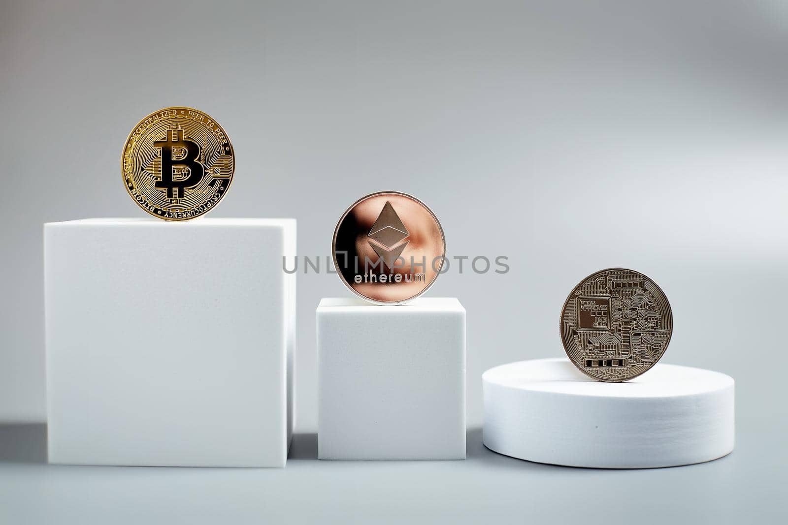 Bitcoin gold coin and defocused chart background. by Maximusnd