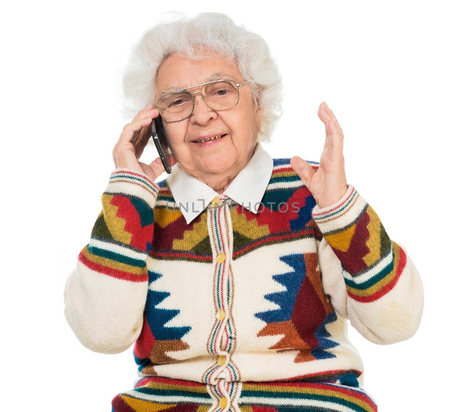 elderly woman talking on the mobile phone isolated on white background