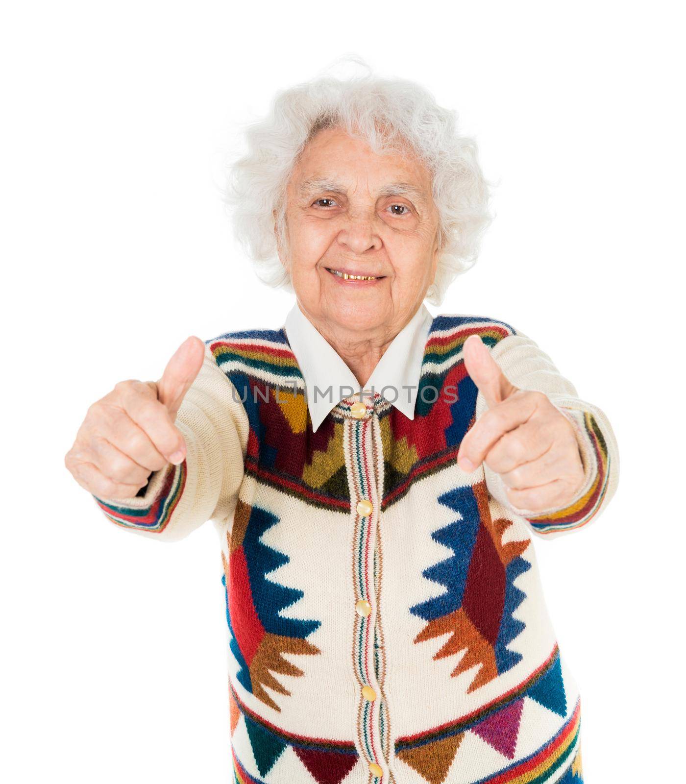 elderly woman with thumbs up isolated on white background