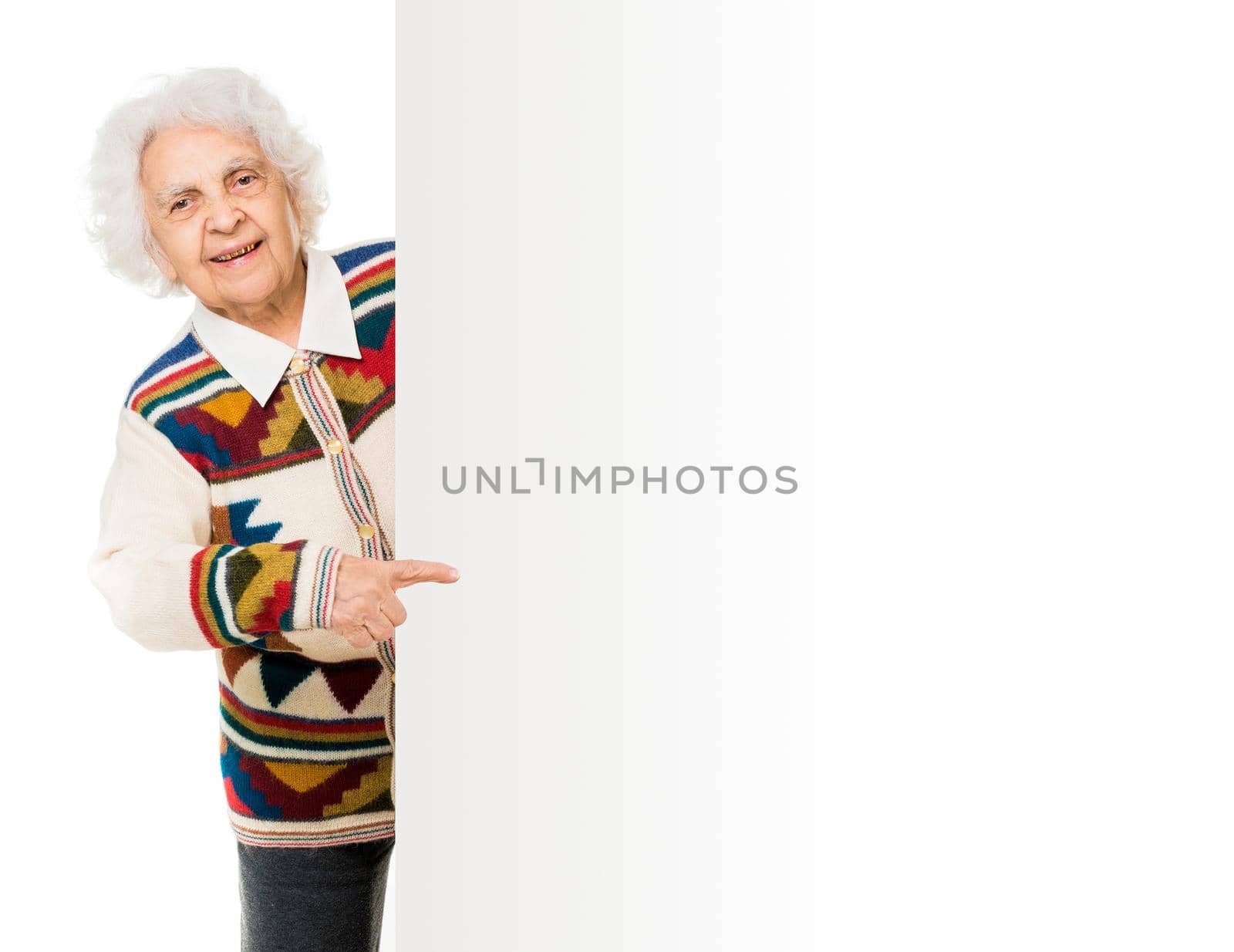 elderly woman alongside of ad board over white background