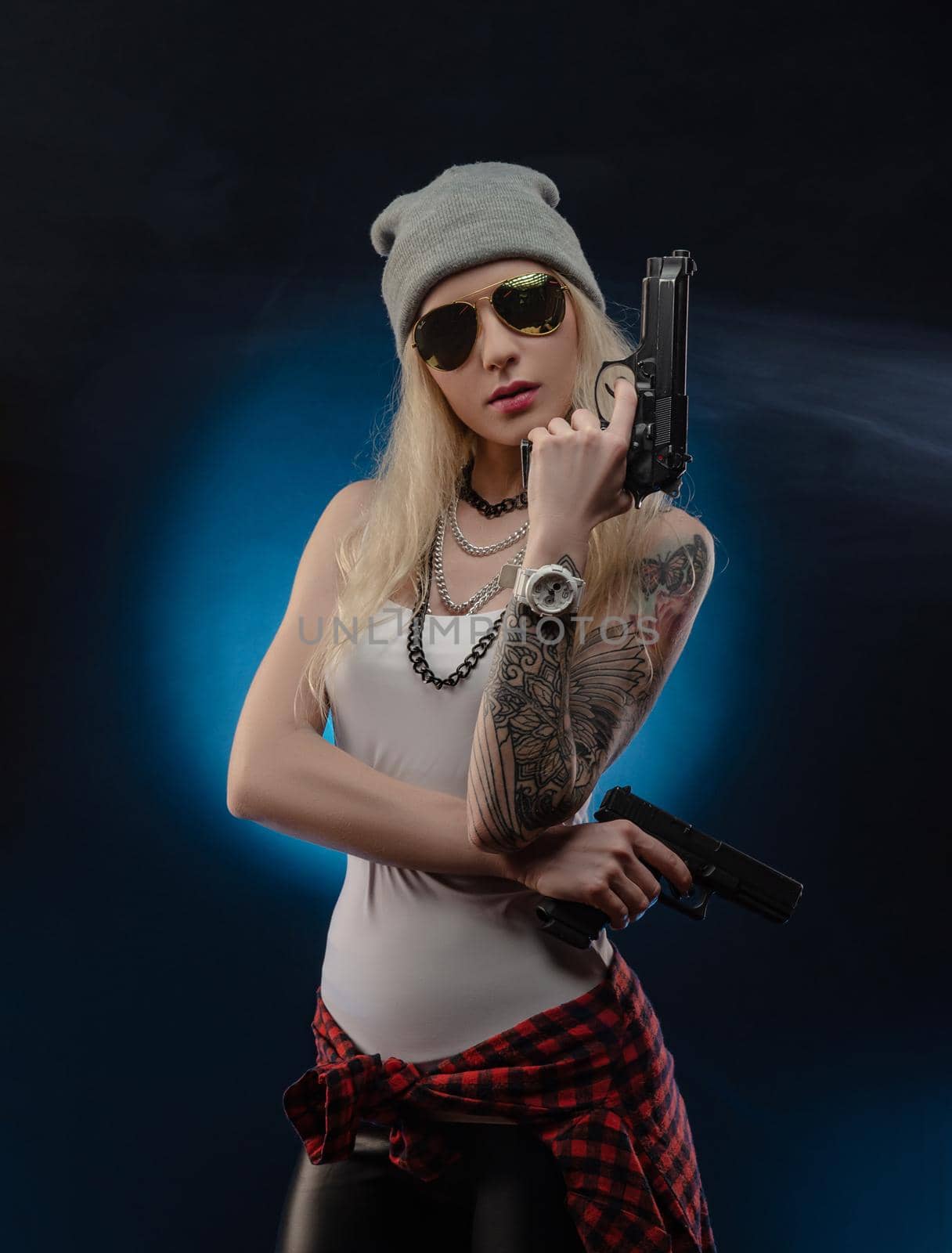 a bright blonde in a red hat with a shotgun on a dark background by Rotozey