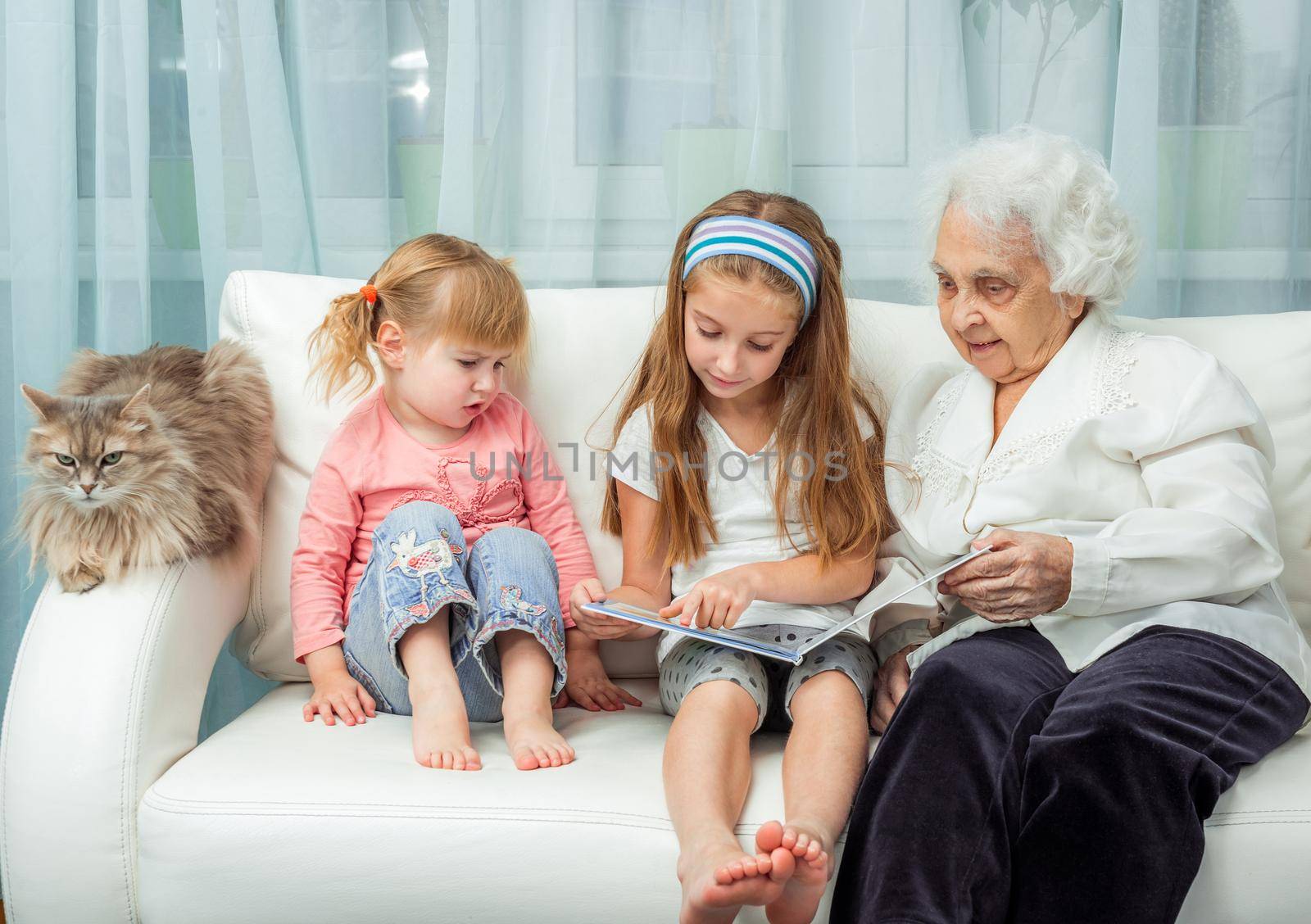elderly woman with granddaughters reading book on sofa with cat