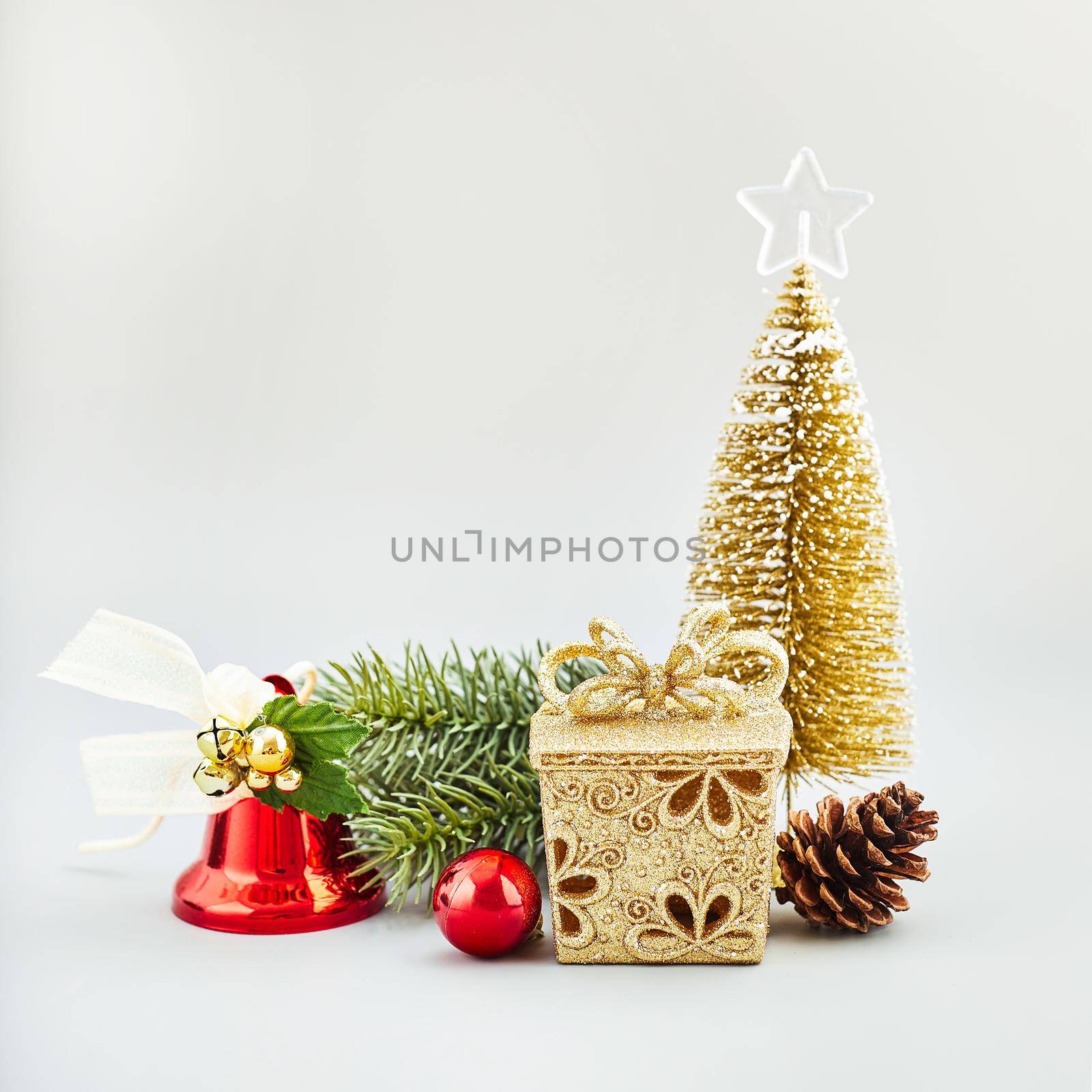 Christmas Decoration With Ornament And Defocused Lights . Abstract christmas lights on background. by Maximusnd